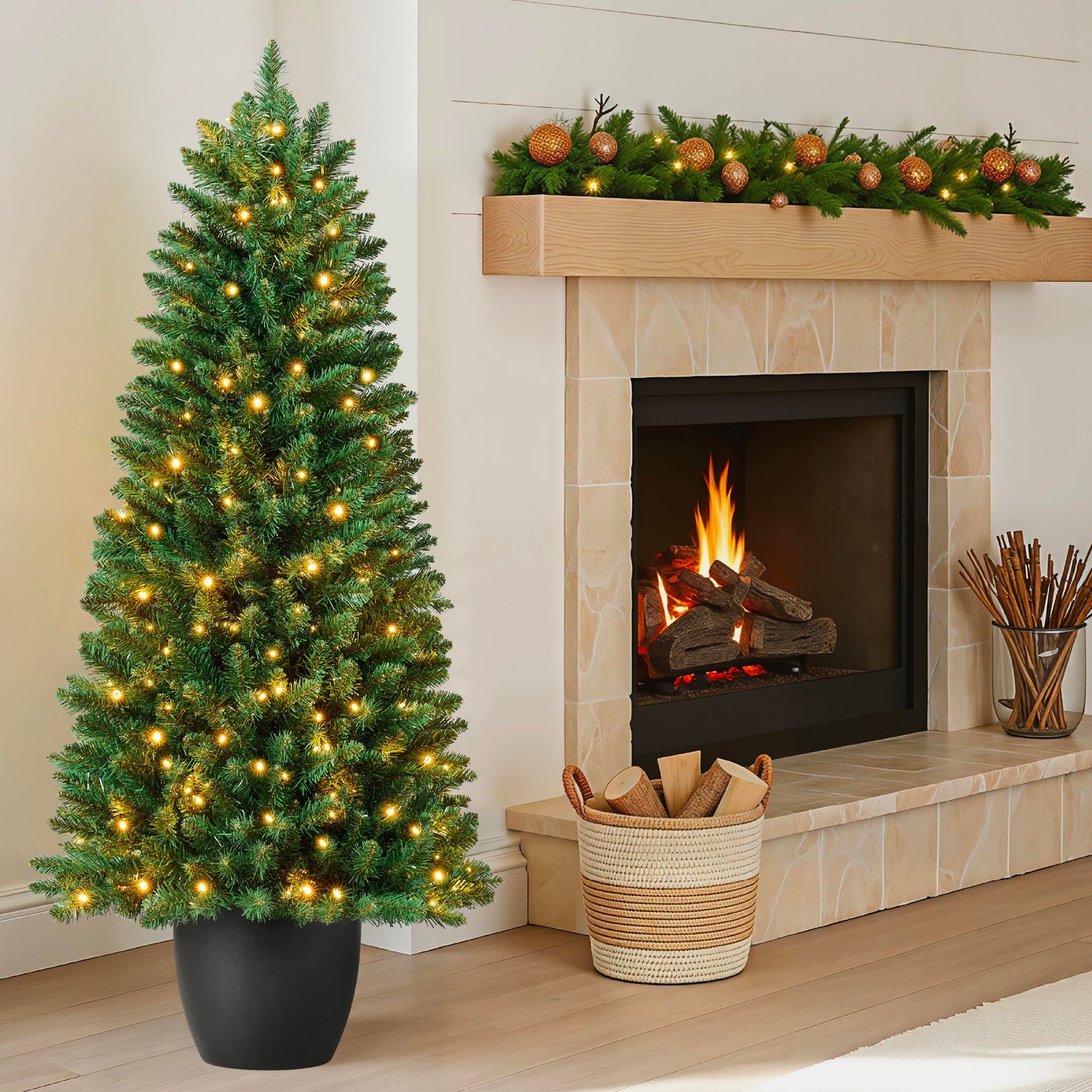 Pre-Lit Potted Christmas Tree w/ Twinkling White LEDs