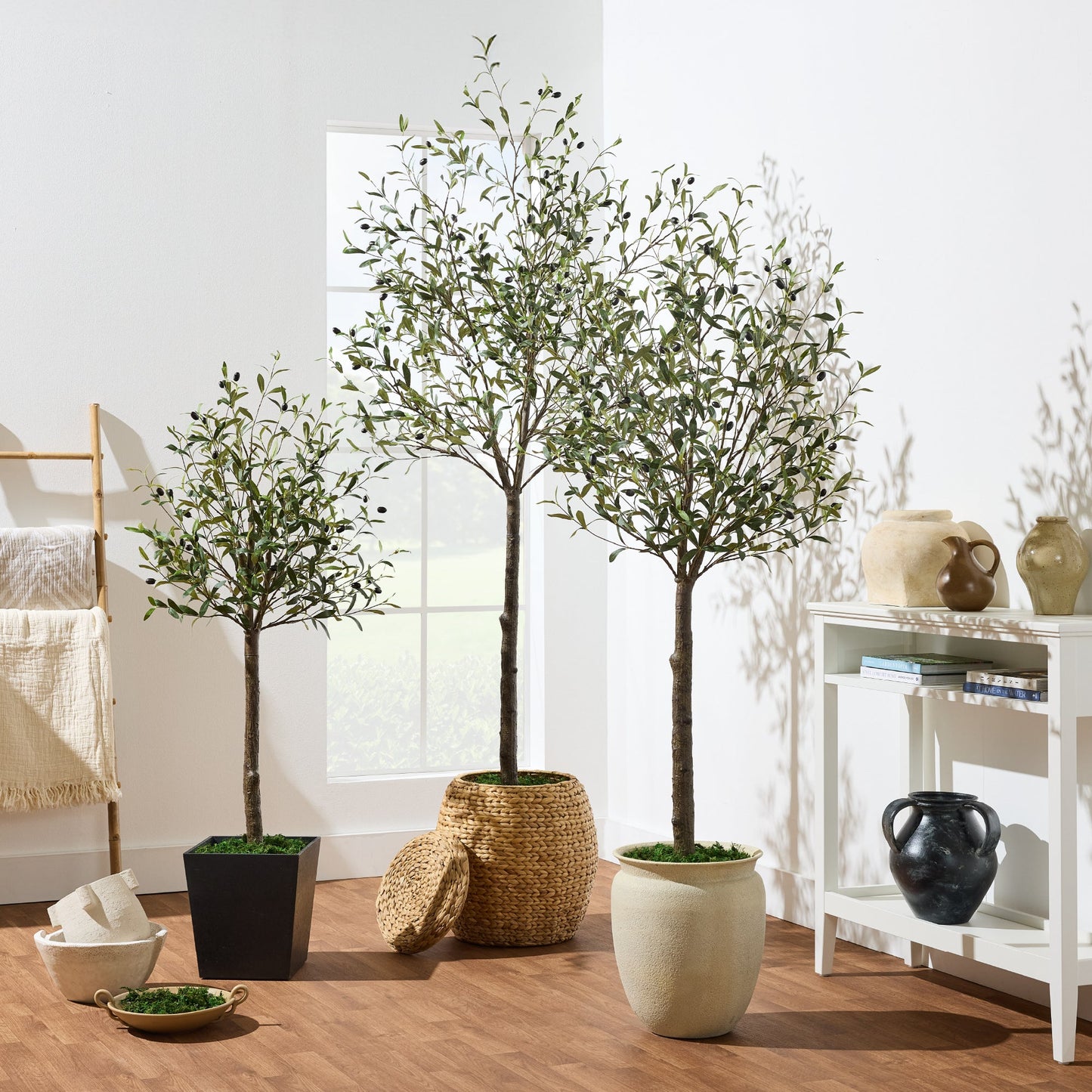 Artificial Olive Tree, Lifelike Faux Tree w/ White Pot, Decorative Olives