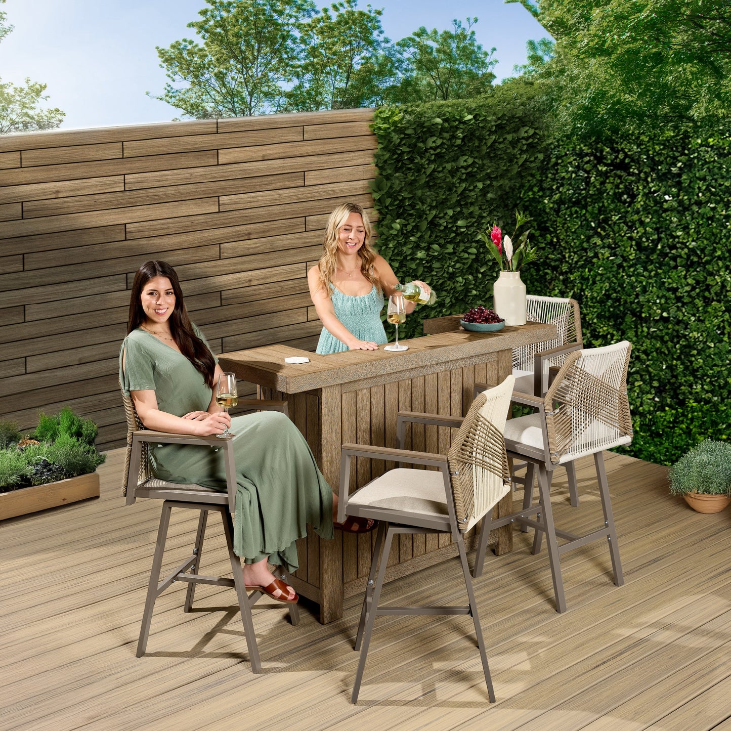 Set of 2 Indoor/Outdoor Aluminum Swivel Barstools with Arms All-Weather Rope