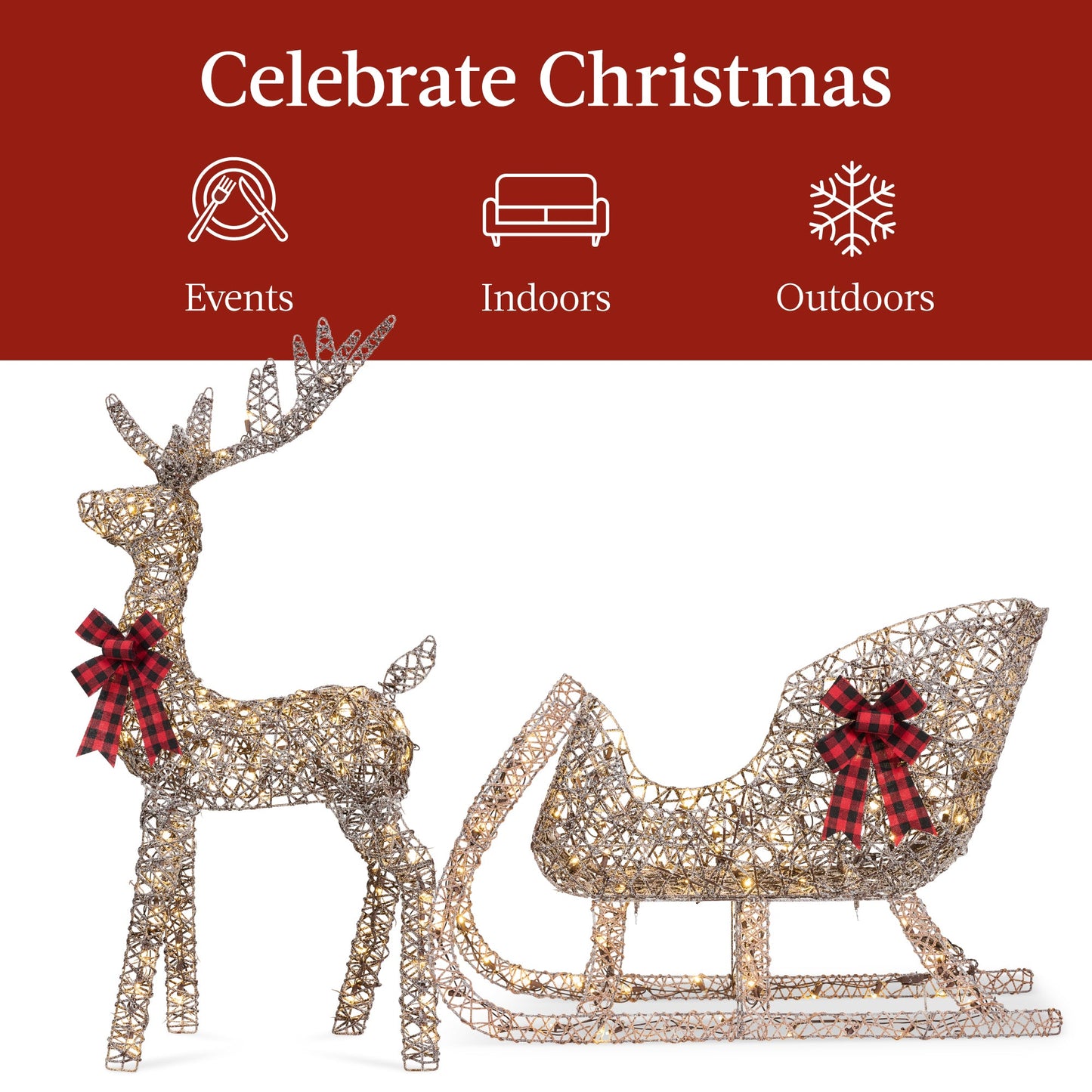 Lighted Christmas Reindeer & Sleigh Outdoor Decor Set w/ LED Lights