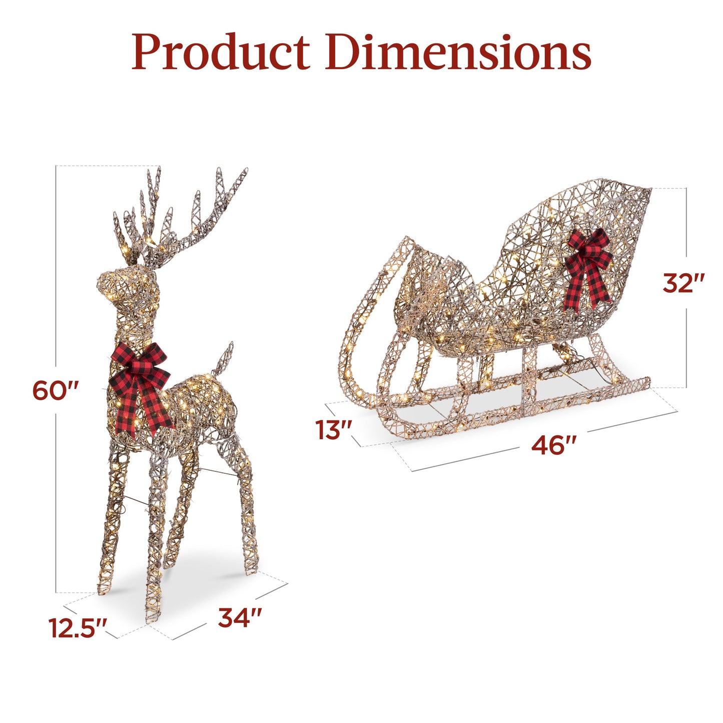 XL Lighted Christmas Reindeer & Sleigh Outdoor Decor Set w/ LED Lights