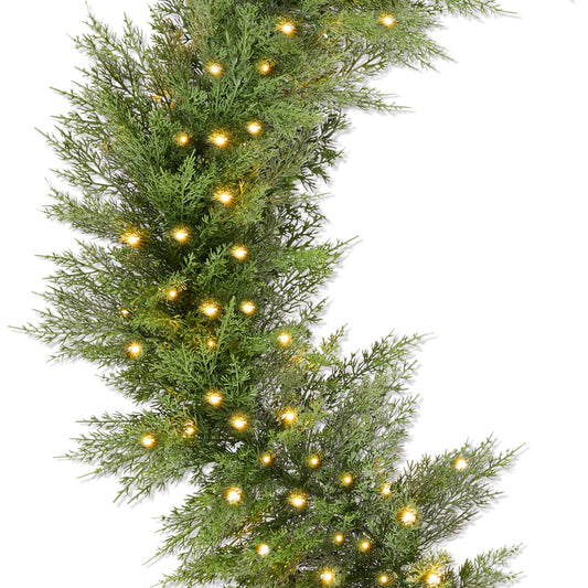 Pre-Lit Cedar Cypress Christmas Realistic Garland w/ Twinkling LEDs