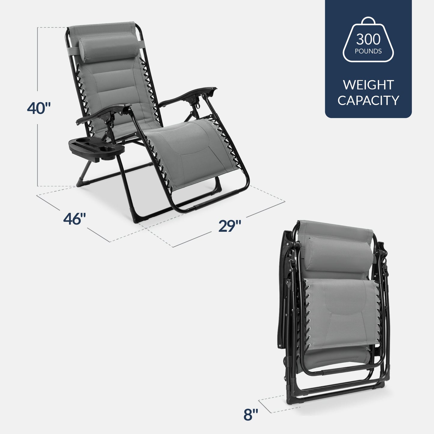 Oversized Padded Zero Gravity Chair, Folding Recliner w/ Headrest, Side Tray