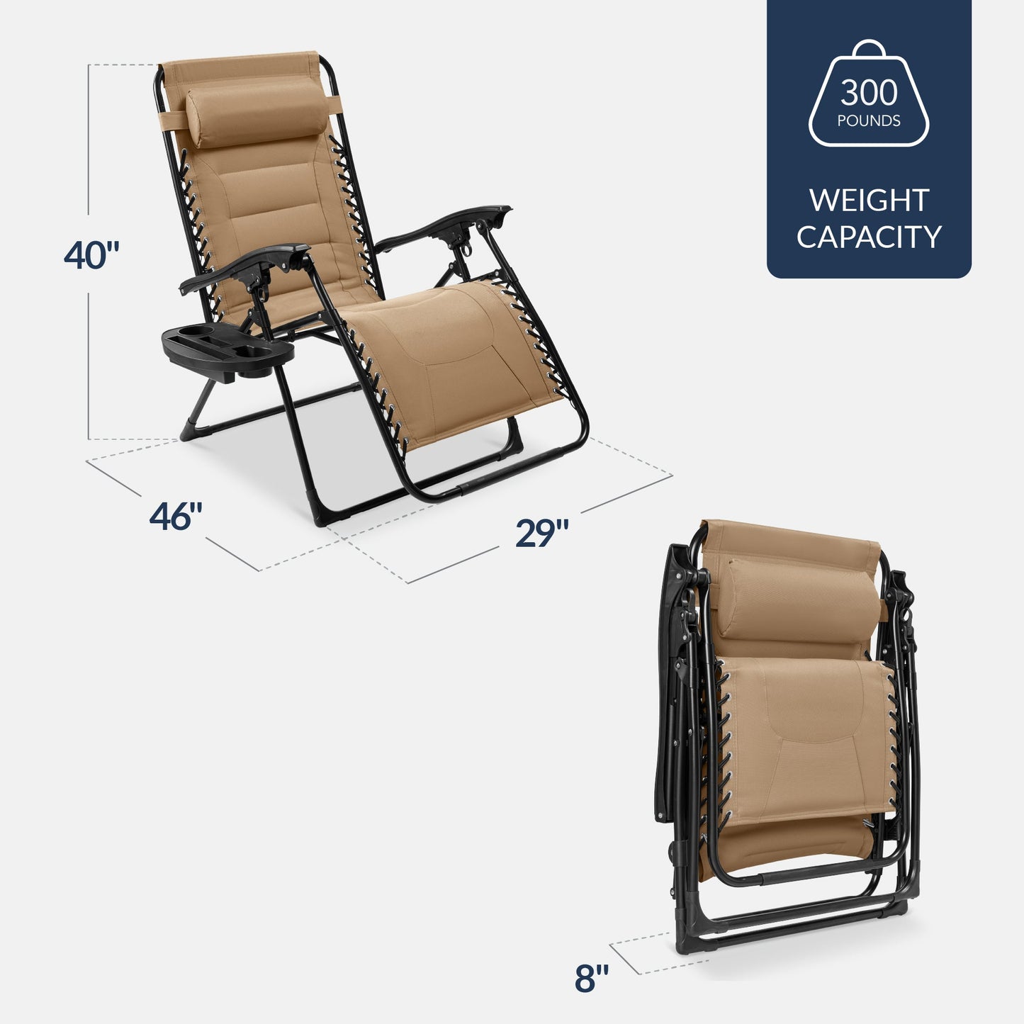 Oversized Padded Zero Gravity Chair, Folding Recliner w/ Headrest, Side Tray