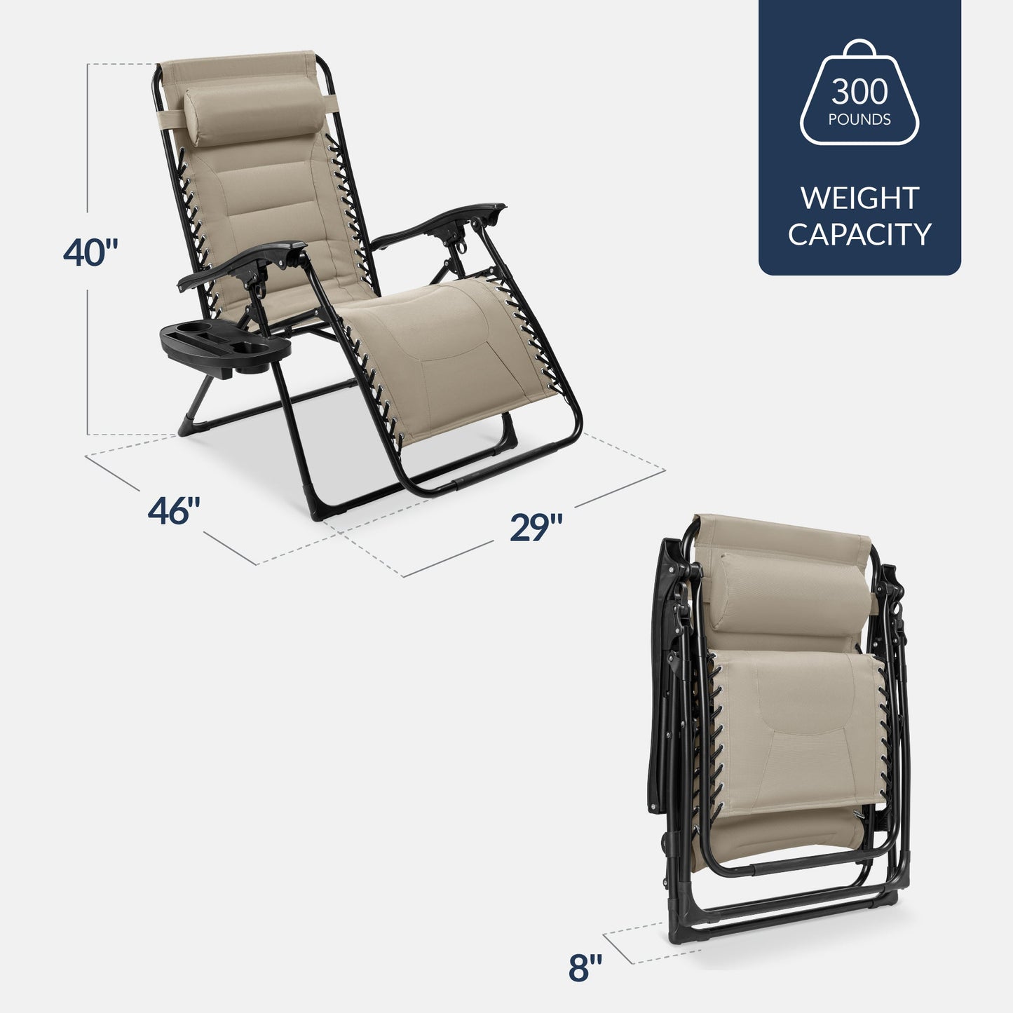 Oversized Padded Zero Gravity Chair, Folding Recliner w/ Headrest, Side Tray