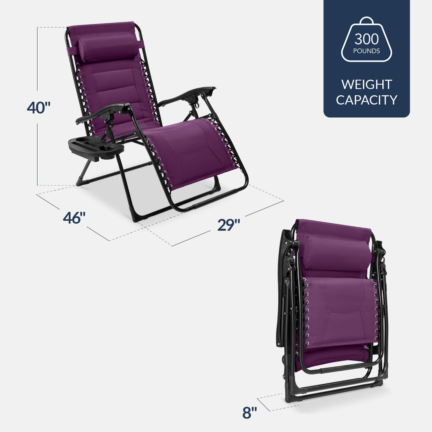 Oversized Padded Zero Gravity Chair, Folding Recliner w/ Headrest, Side Tray