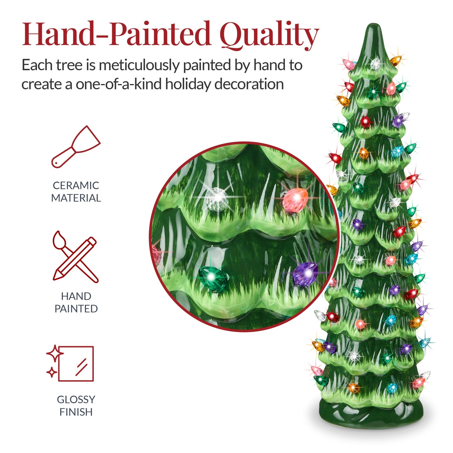 18in Ceramic Christmas Tree, Hand-Painted Holiday Decor w/ LED Lights