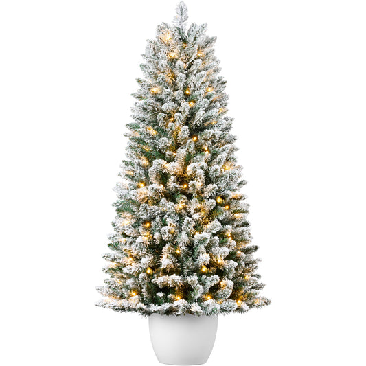 Pre-Lit Potted Flocked Christmas Tree w/ Twinkling White LEDs
