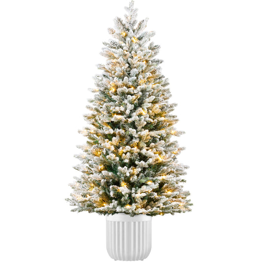 Pre-Lit Potted Flocked Christmas Tree w/Twinkling White & Multi LEDs