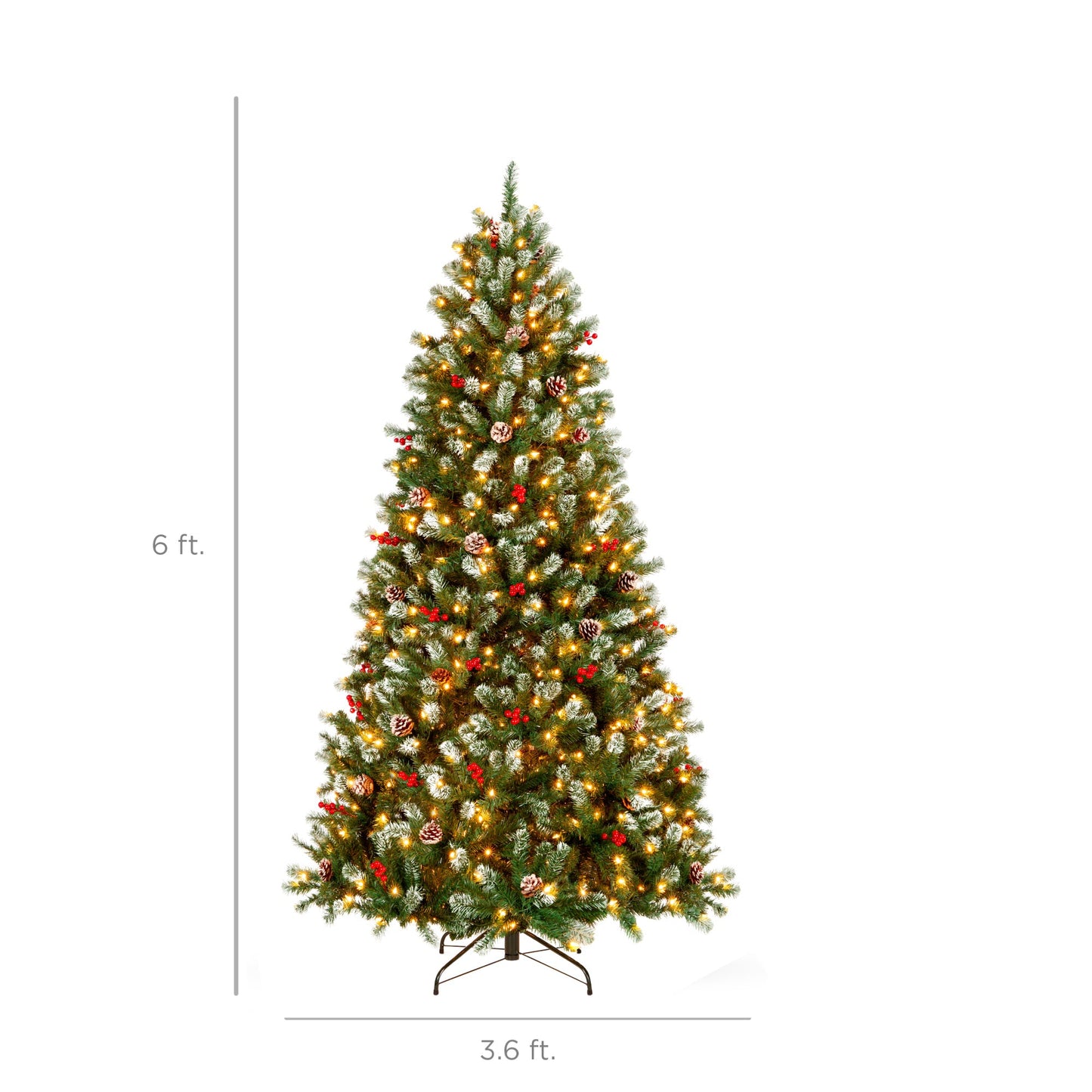 Pre-Lit Frosted Spruce Christmas Tree, w/ Pinecones, Berries, Metal Base