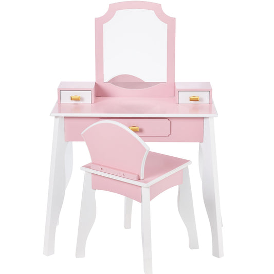 Kids Wooden Pretend Play Vanity and Chair Set w/ Mirror