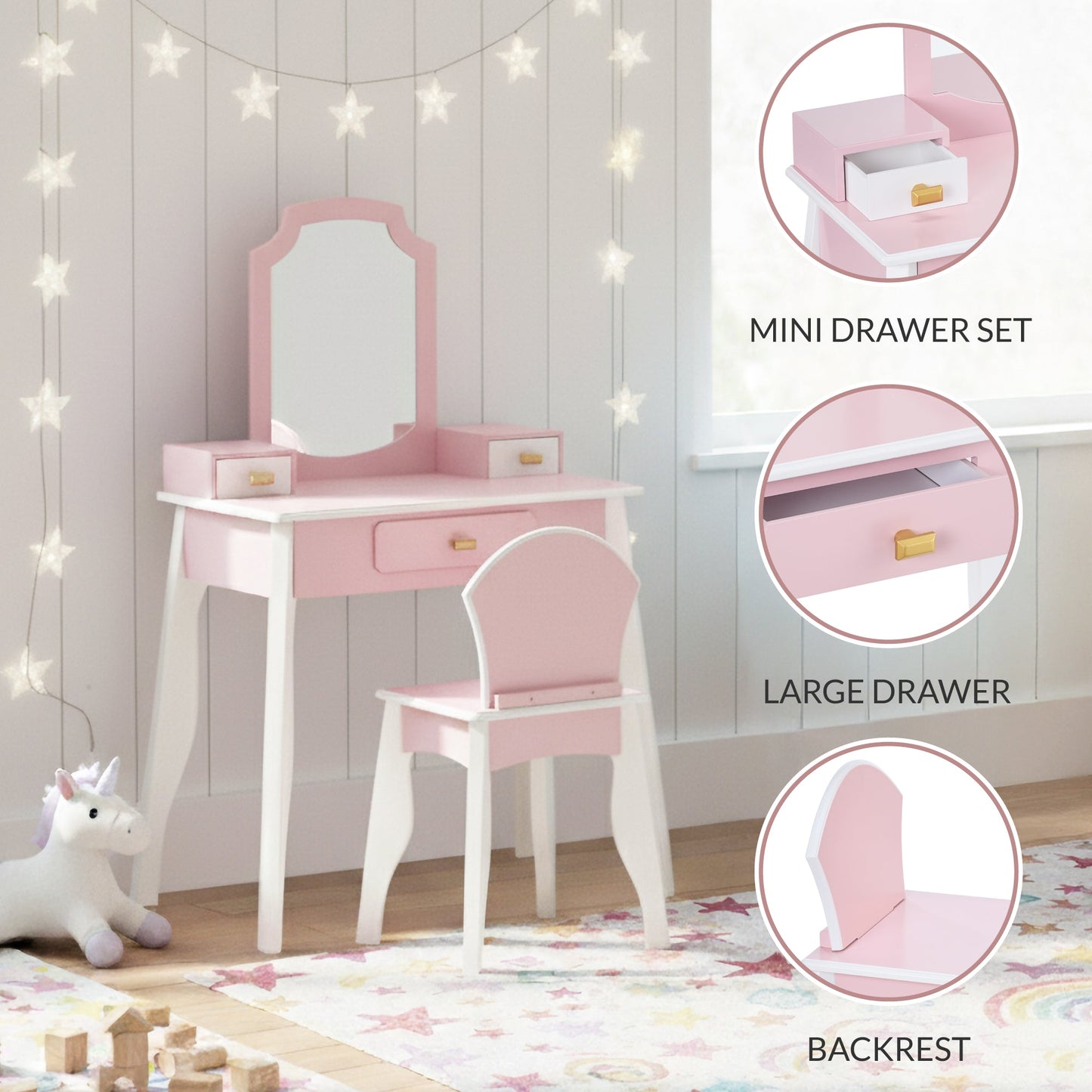Kids Wooden Pretend Play Vanity and Chair Set w/ Mirror