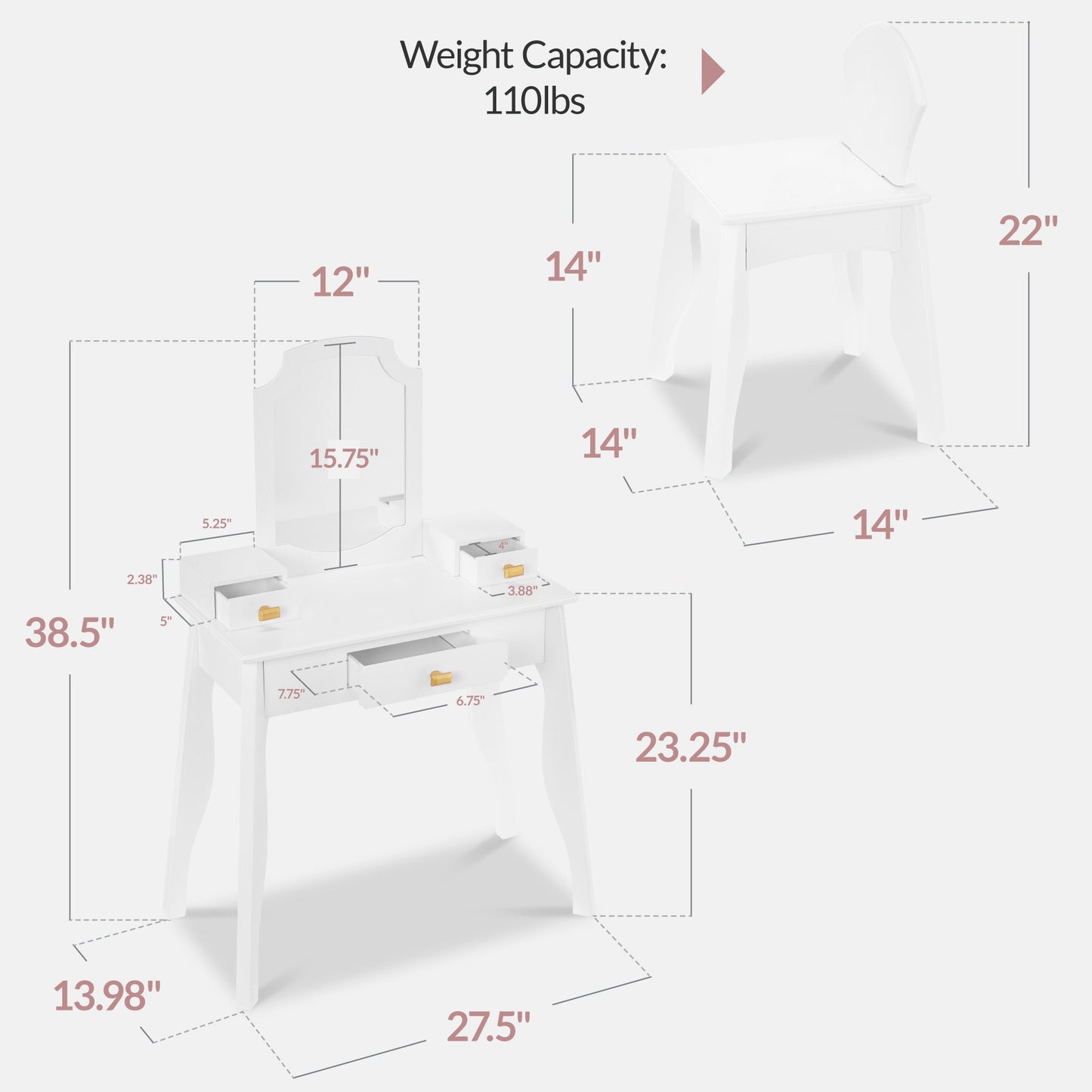 Kids Wooden Pretend Play Vanity and Chair Set w/ Mirror