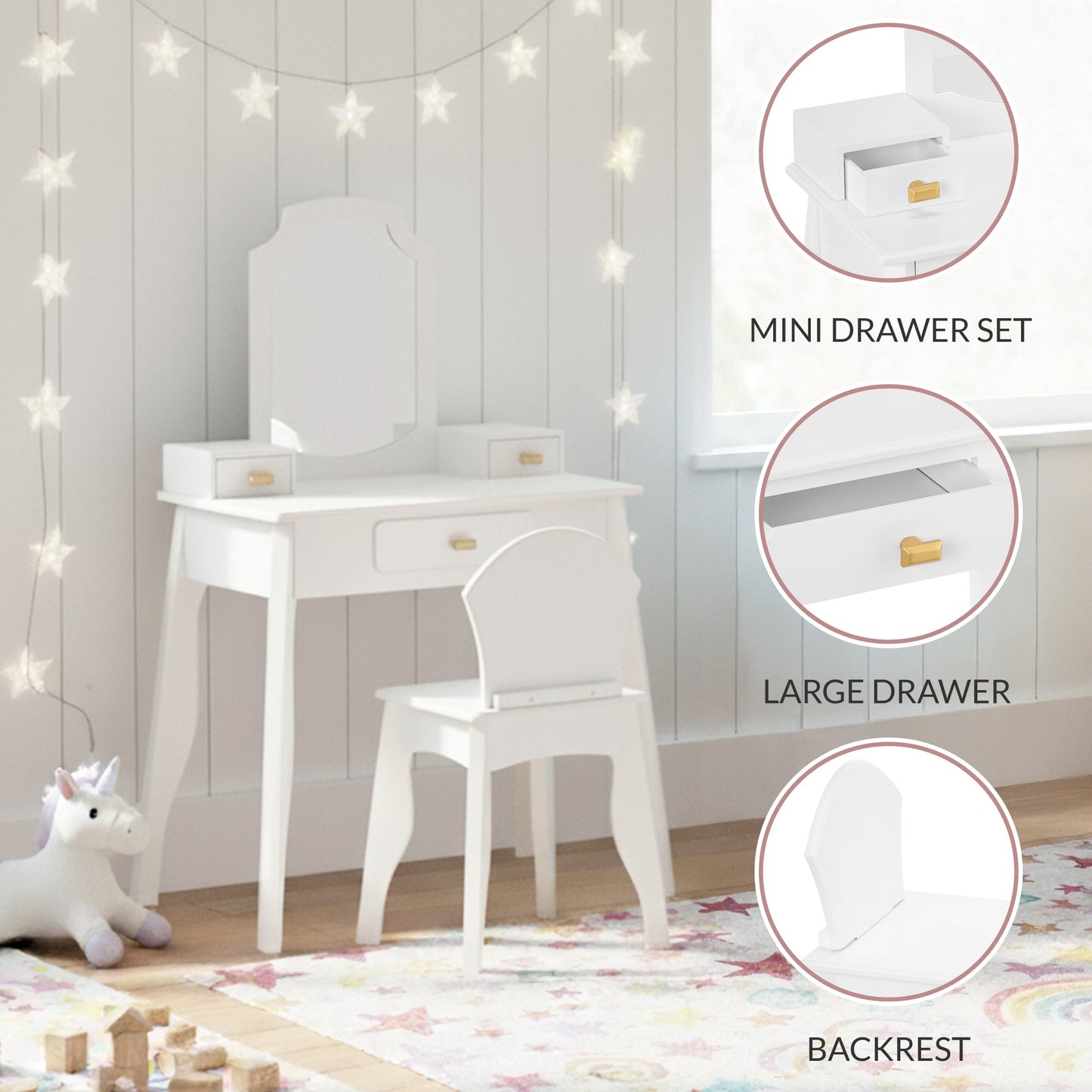 Kids Wooden Pretend Play Vanity and Chair Set w/ Mirror