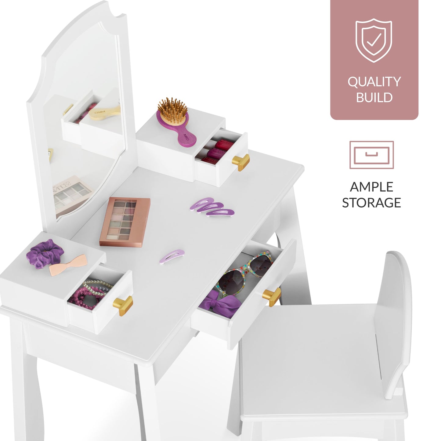 Kids Wooden Pretend Play Vanity and Chair Set w/ Mirror