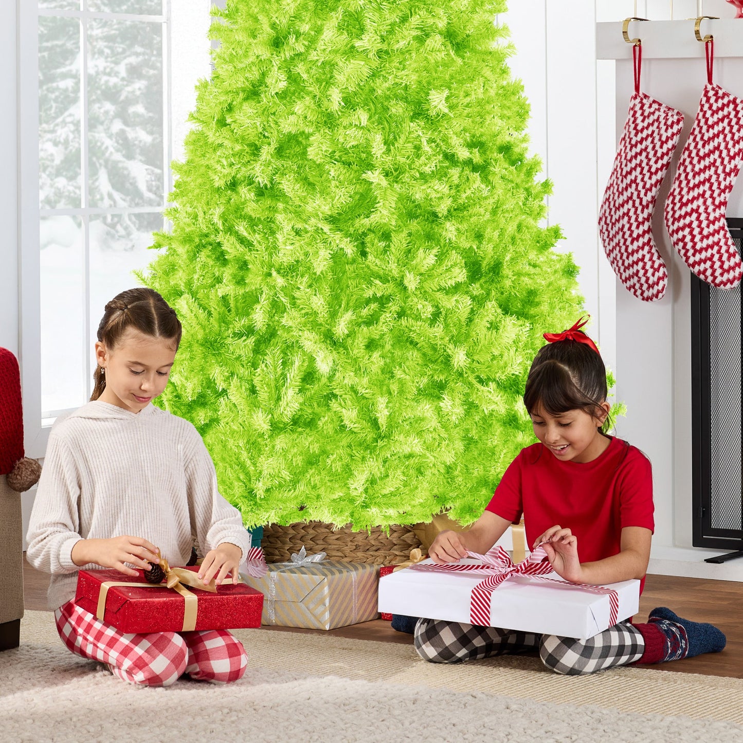 Artificial Lime Green Christmas Tree, Unlit Pine Design w/Easy Assembly