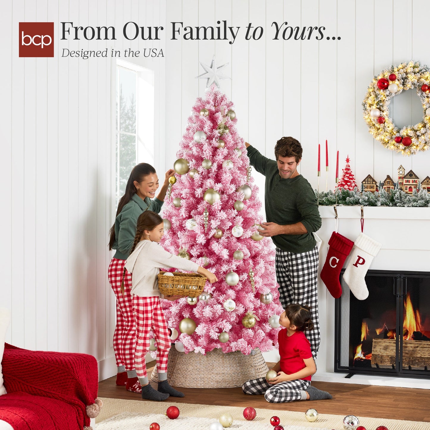 Snow Flocked Colorful Artificial Pine Christmas Tree w/ Foldable Metal Base