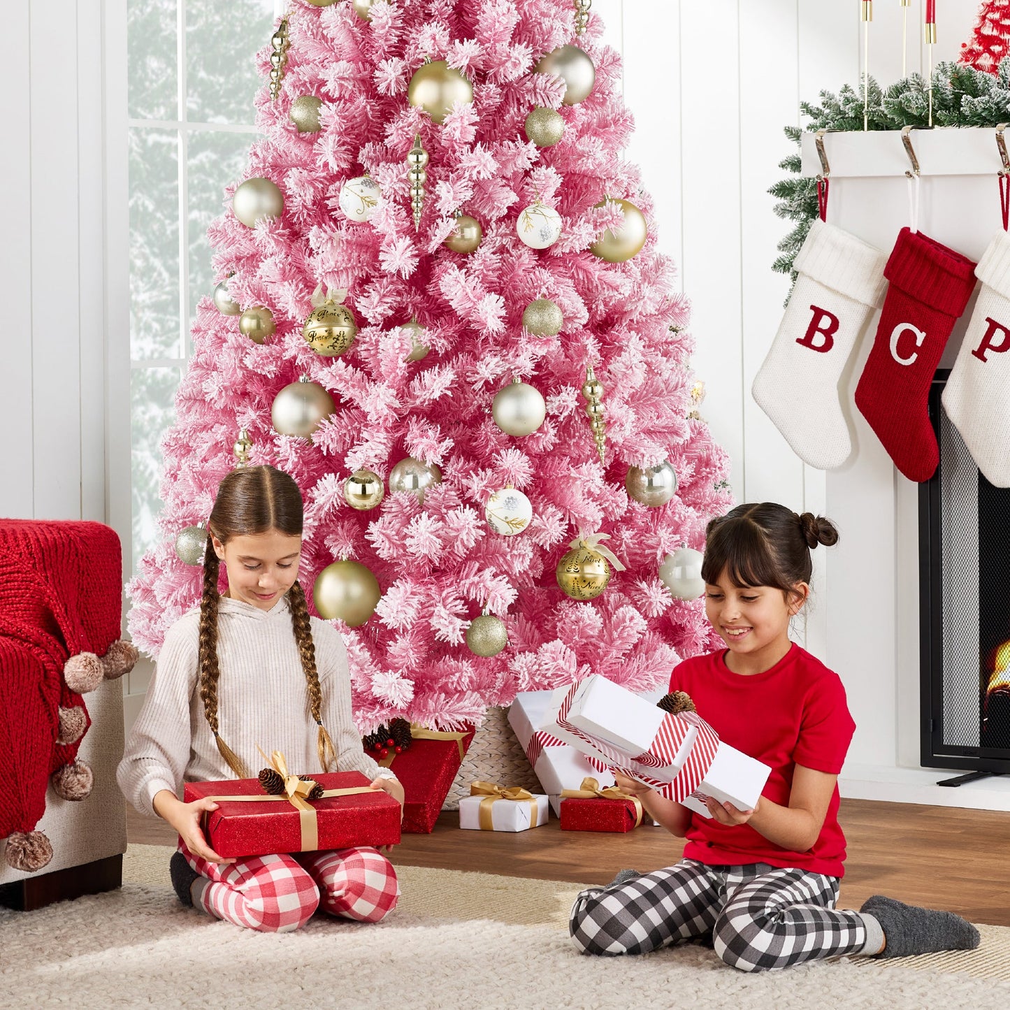 Snow Flocked Colorful Artificial Pine Christmas Tree w/ Foldable Metal Base