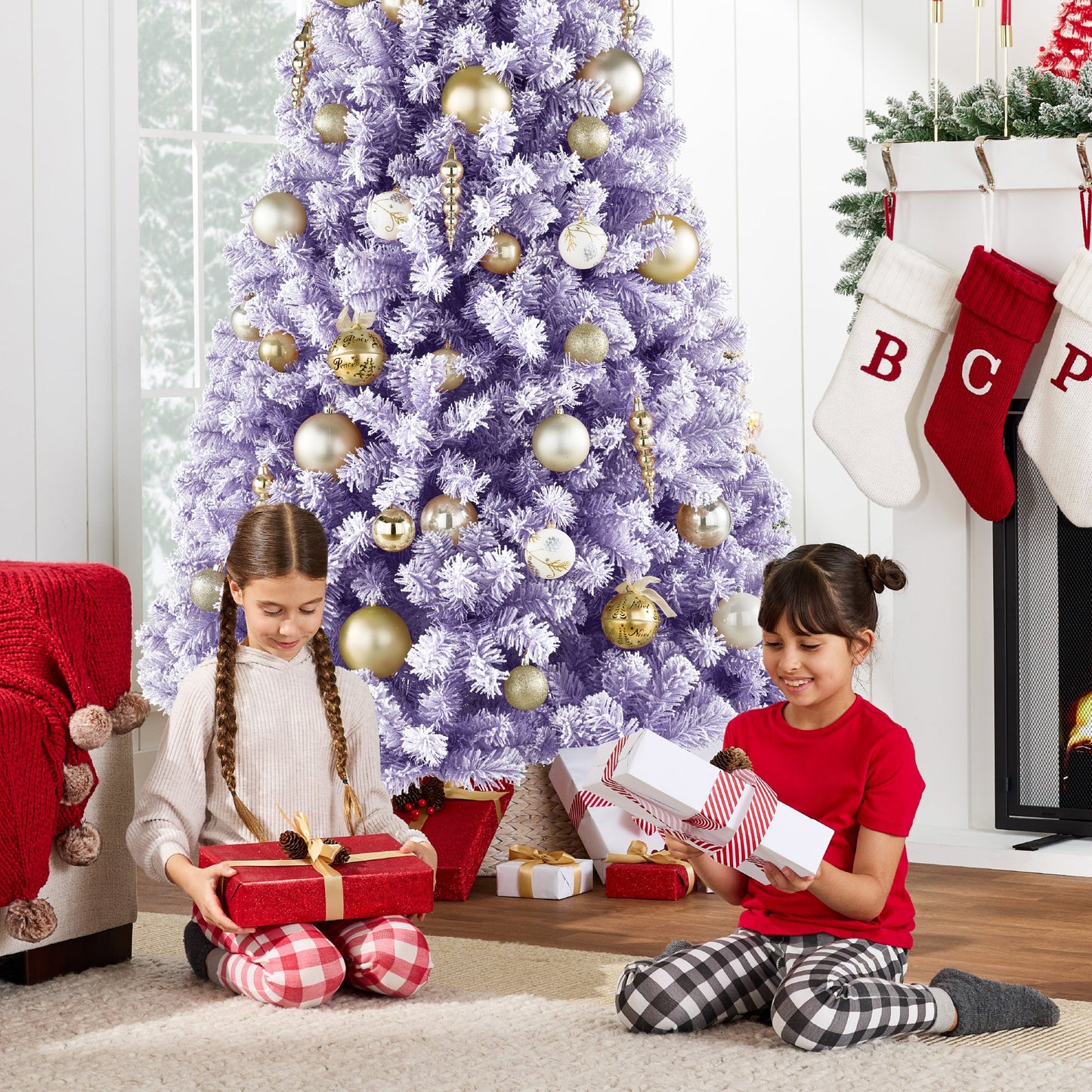 Snow Flocked Colorful Artificial Pine Christmas Tree w/ Foldable Metal Base