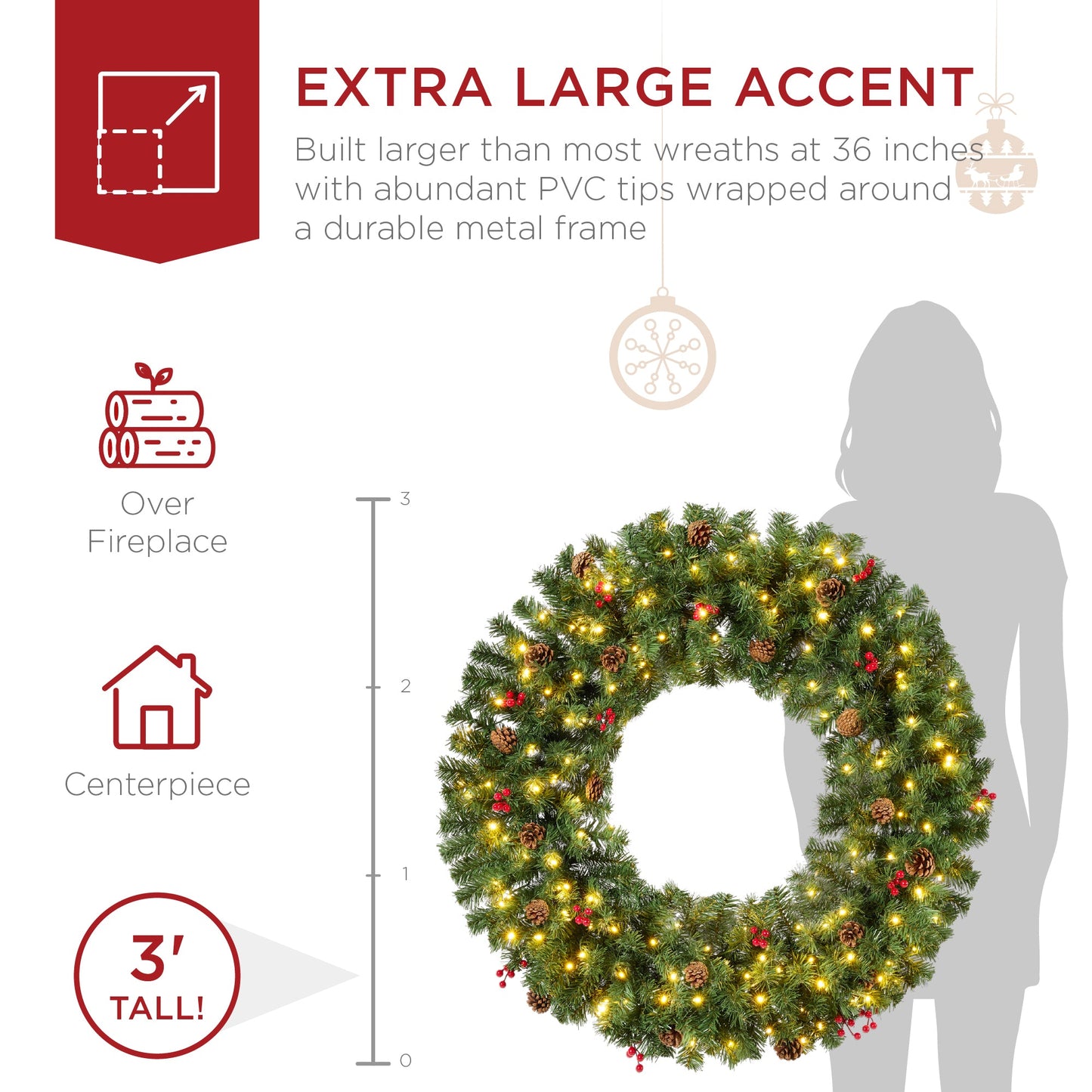 Pre-Lit Artificial Christmas Wreath w/Berries & Pinecones, Lights