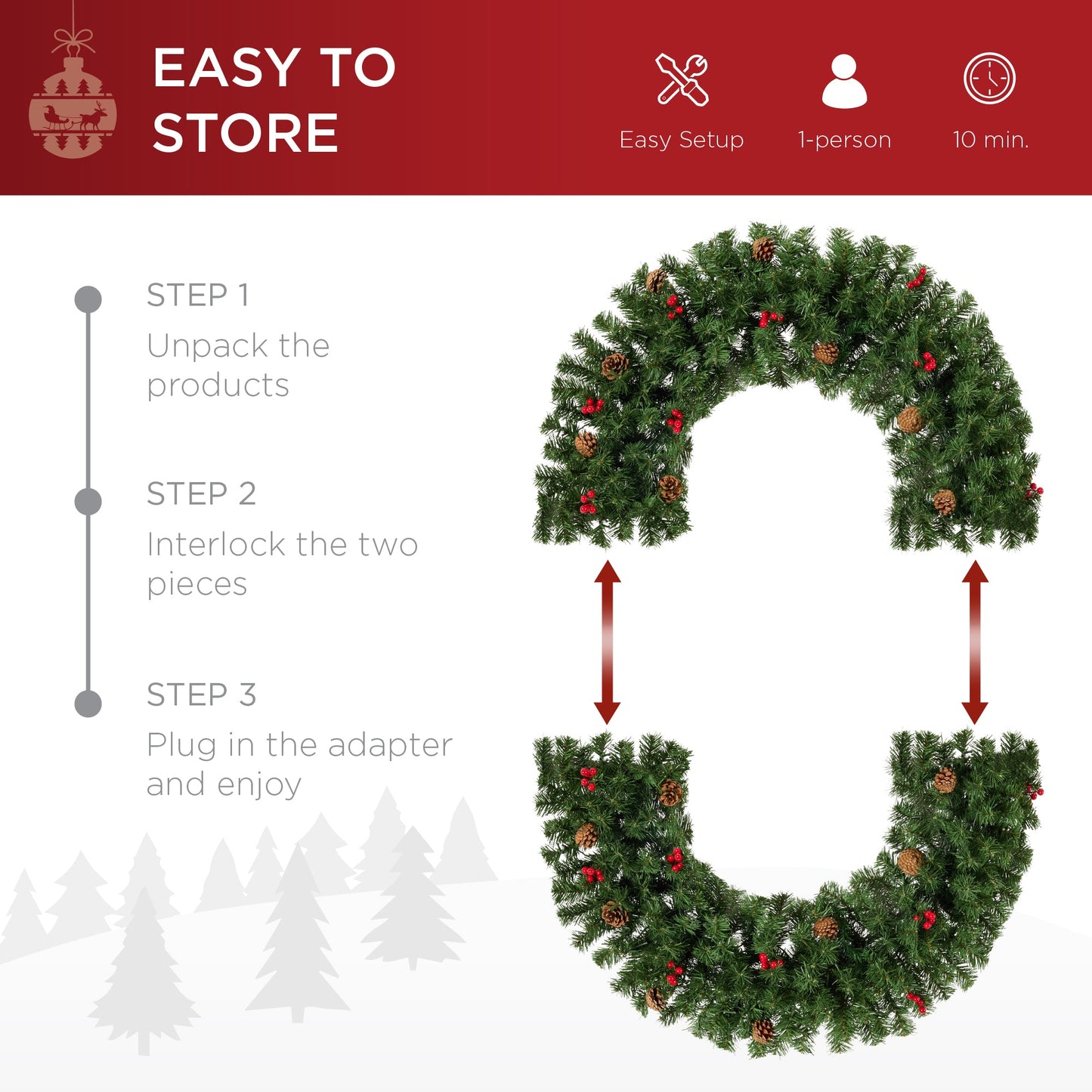 Pre-Lit Artificial Christmas Wreath w/Berries & Pinecones, Lights