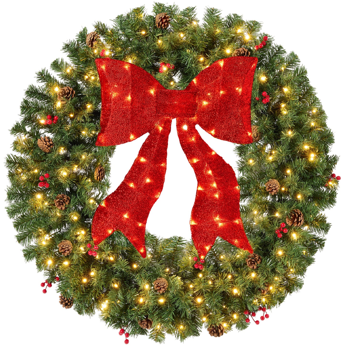 Pre-Lit Artificial Christmas Wreath w/Berries & Pinecones, Red Bow, Lights