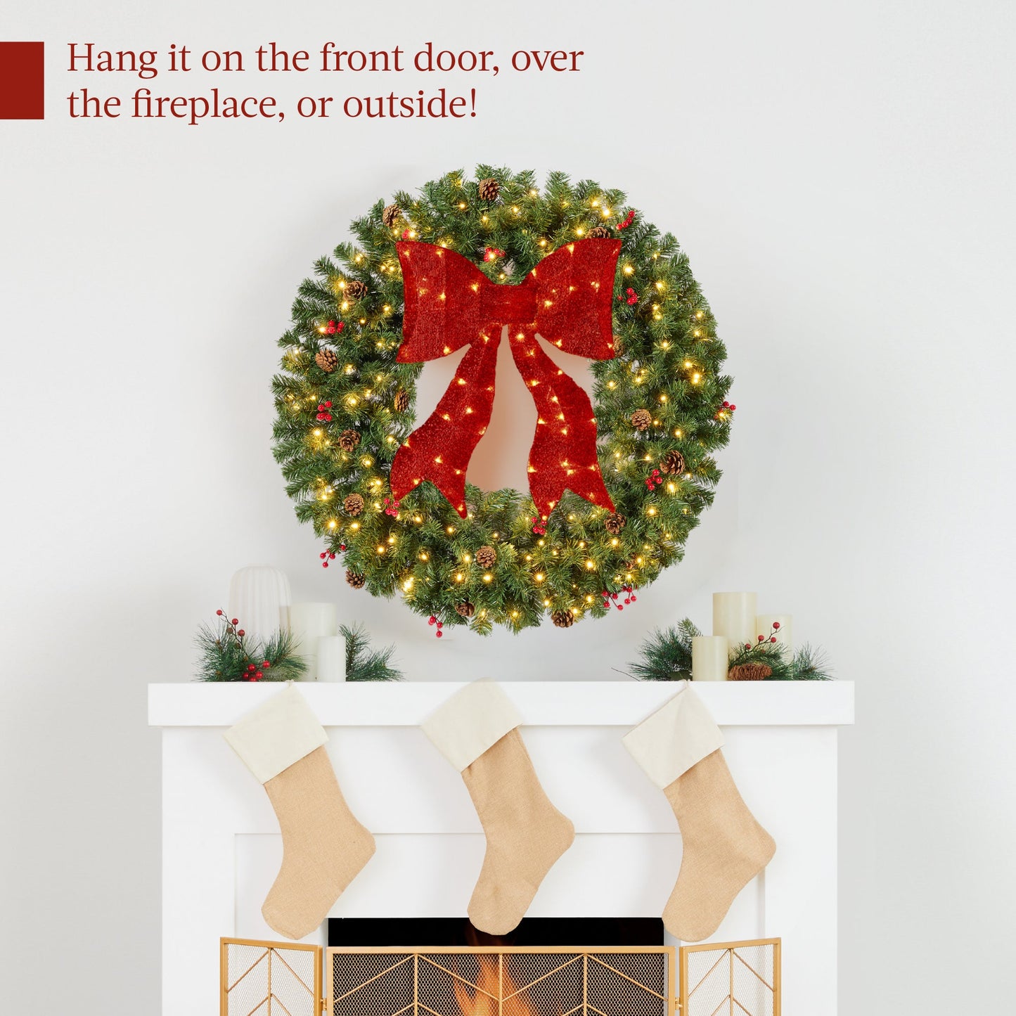 Pre-Lit Artificial Christmas Wreath w/Berries & Pinecones, Red Bow, Lights