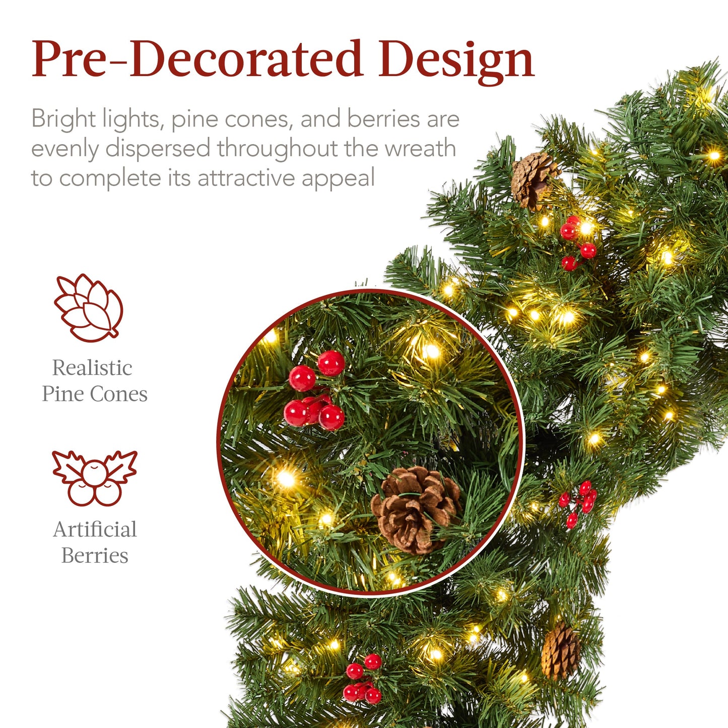 Pre-Lit Artificial Christmas Wreath w/Berries & Pinecones, Red Bow, Lights