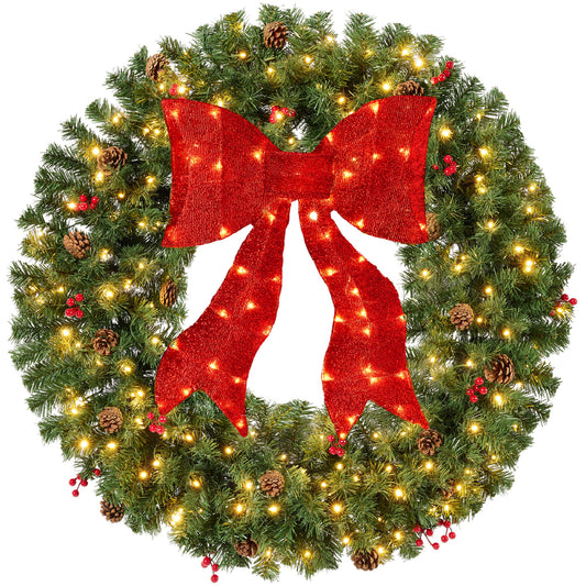 Pre-Lit Artificial Christmas Wreath w/Berries & Pinecones, Red Bow, Lights