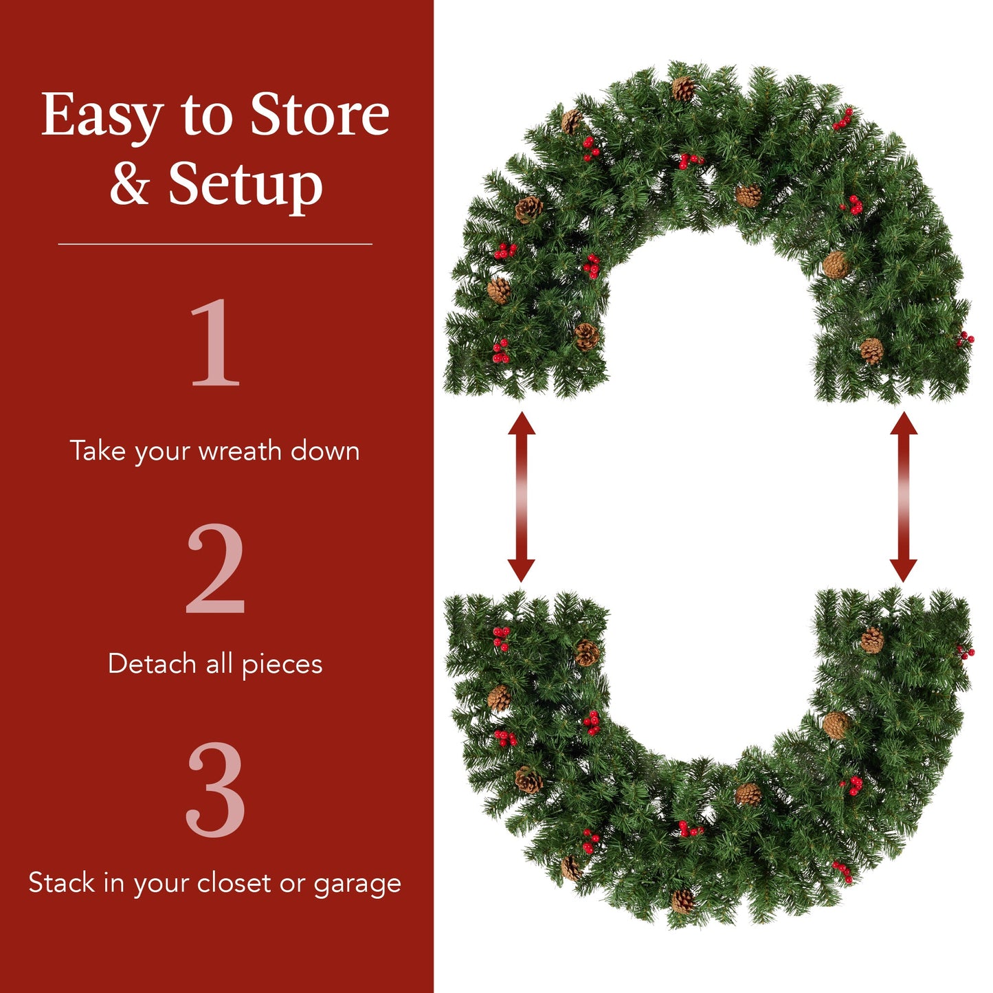 Pre-Lit Artificial Christmas Wreath w/Berries & Pinecones, Red Bow, Lights