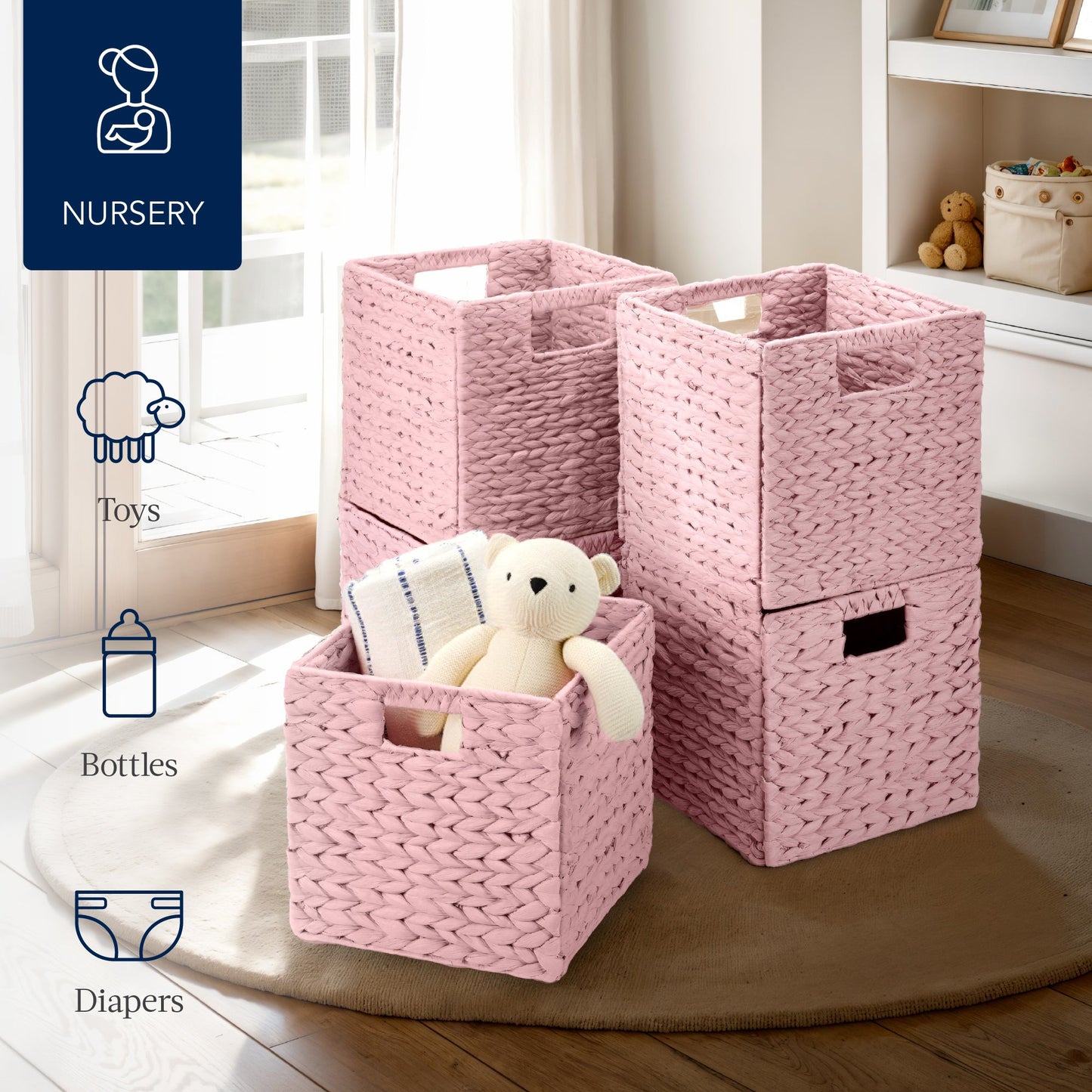 Set of 5 Collapsible Hyacinth Storage Baskets w/ Inserts - 10.5x10.5in