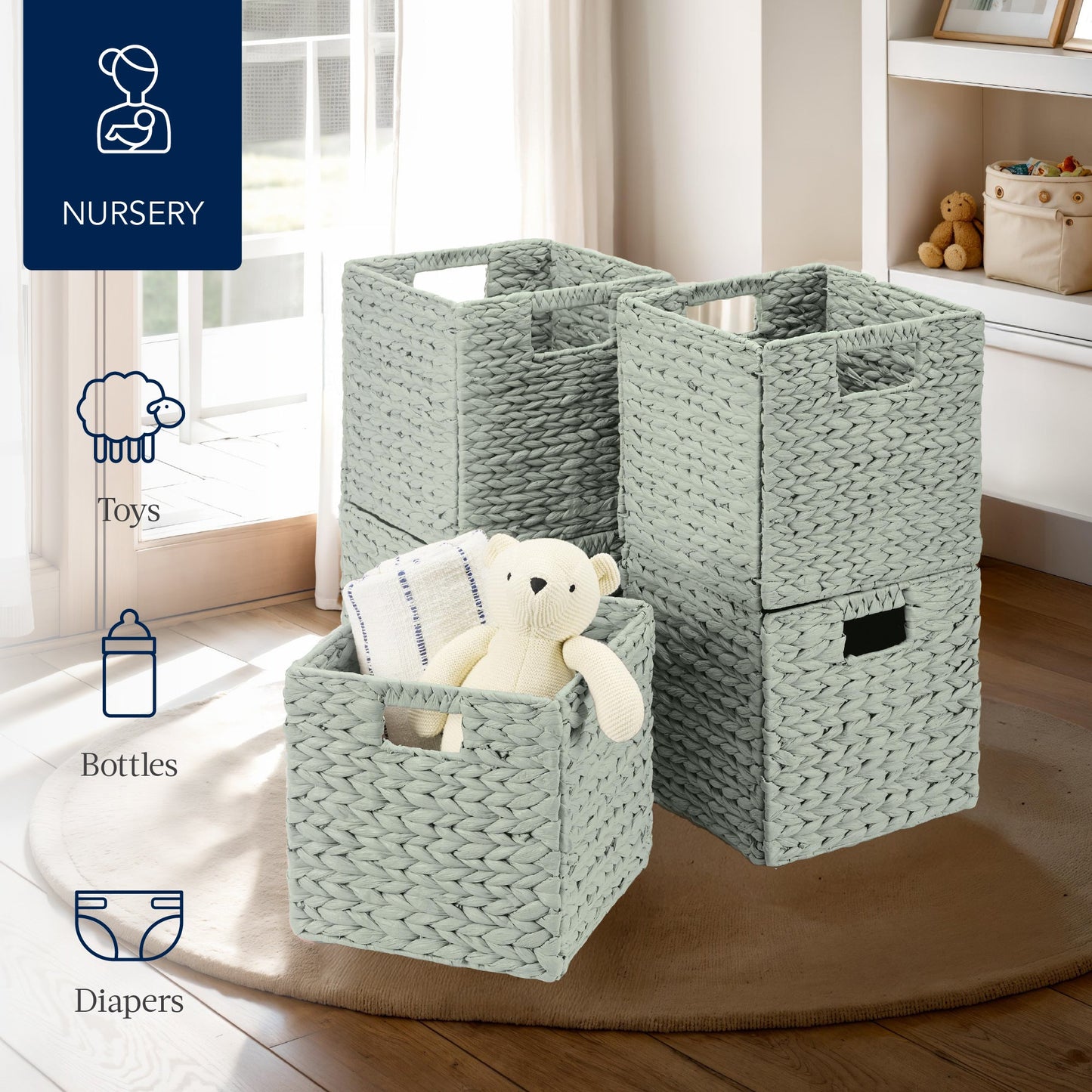 Set of 5 Collapsible Hyacinth Storage Baskets w/ Inserts - 10.5x10.5in