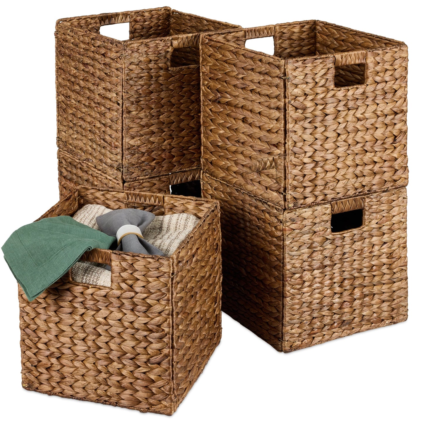 Set of 5 Collapsible Hyacinth Storage Baskets w/ Inserts - 13x13in