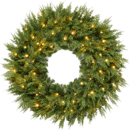 Pre-Lit Cedar Cypress Christmas Realistic Wreath w/ Twinkling LEDs