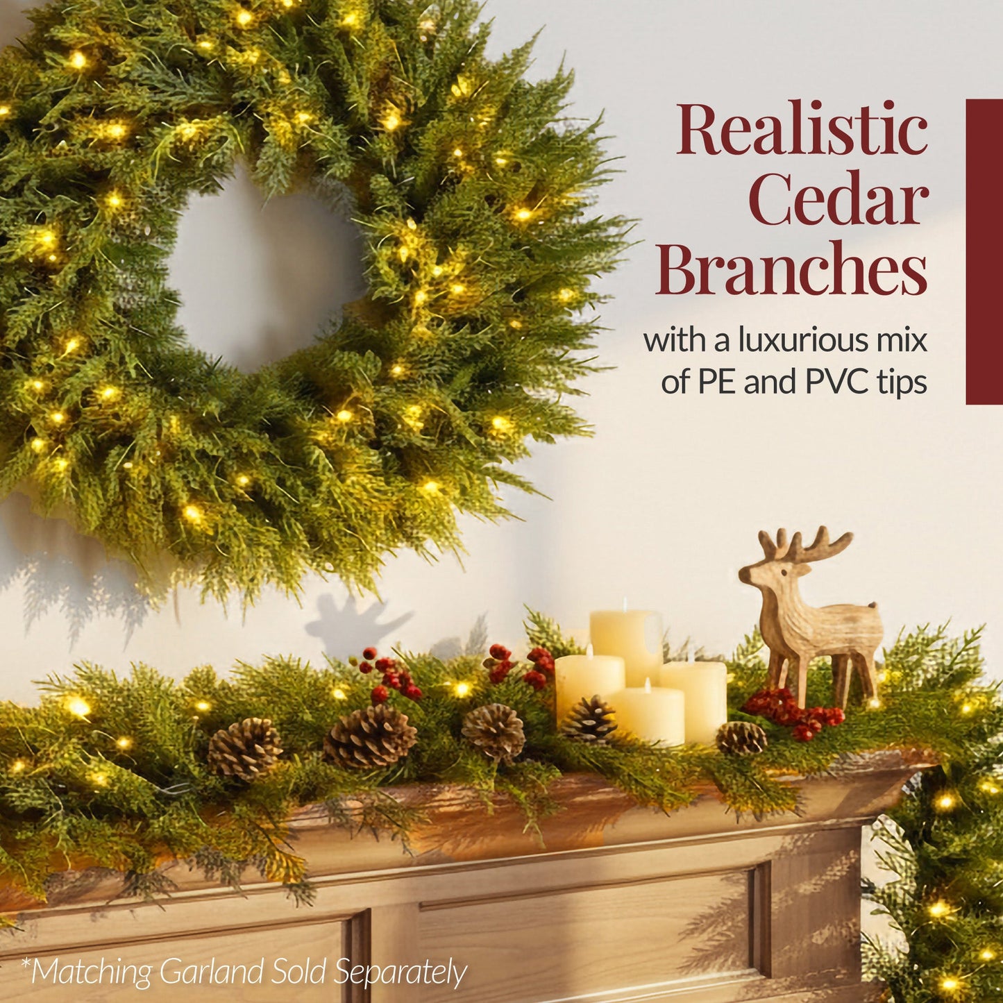 Pre-Lit Cedar Cypress Christmas Realistic Wreath w/ Twinkling LEDs