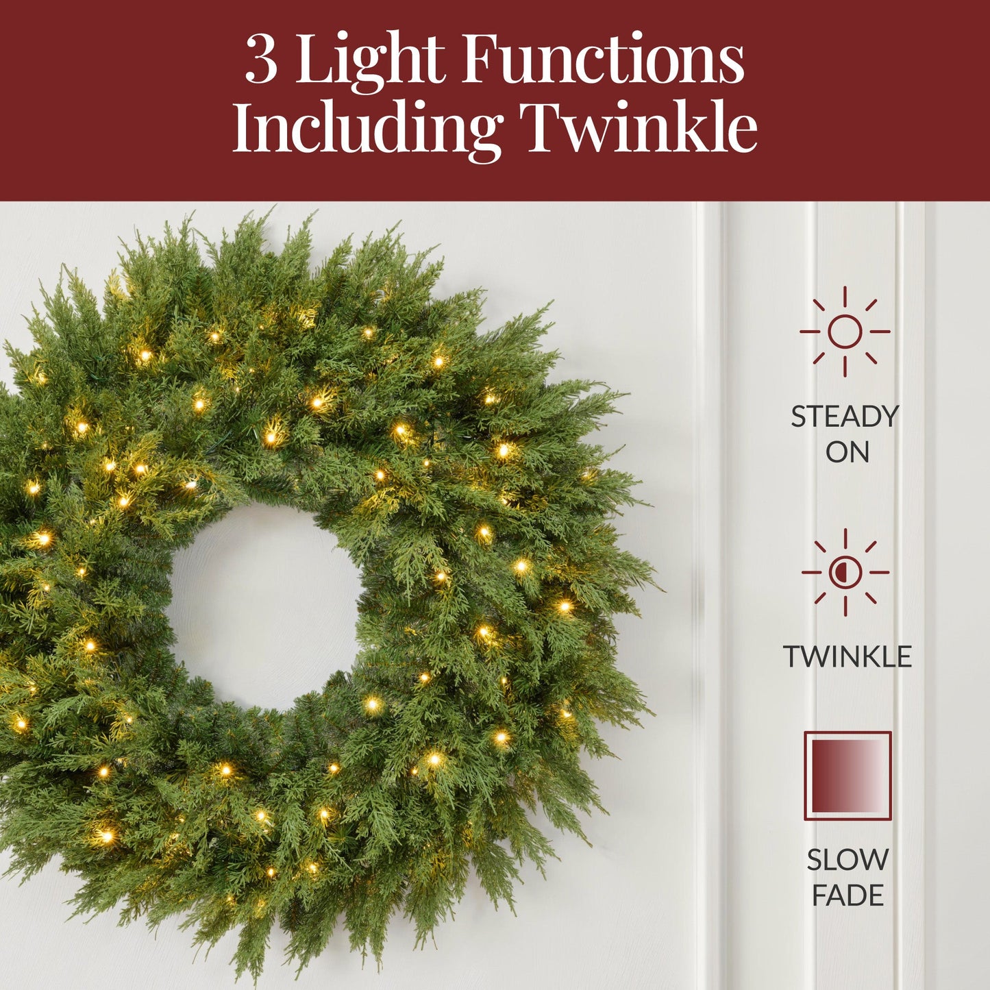 Pre-Lit Cedar Cypress Christmas Realistic Wreath w/ Twinkling LEDs