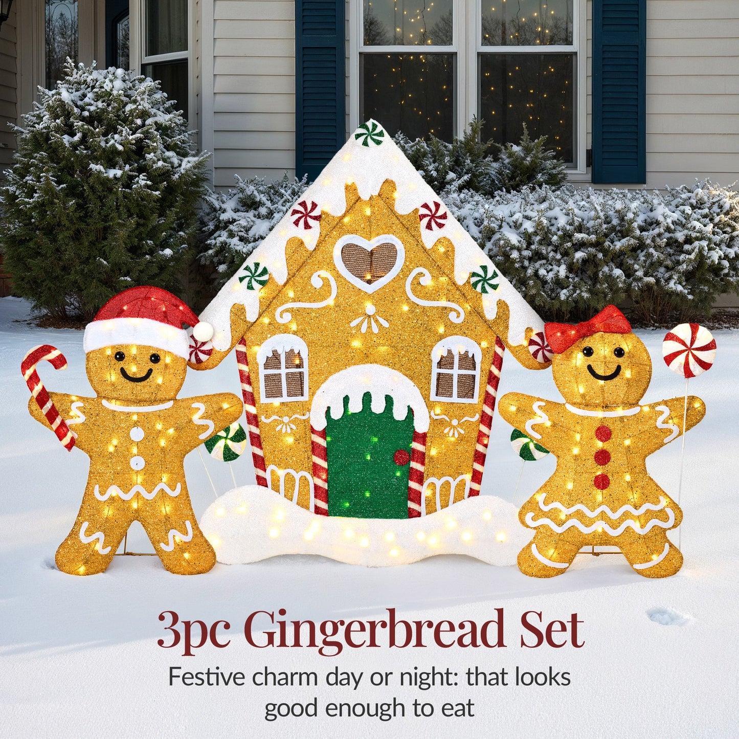 3pc Gingerbread Man Family House 4ft Pre-lit Christmas Yard Decor
