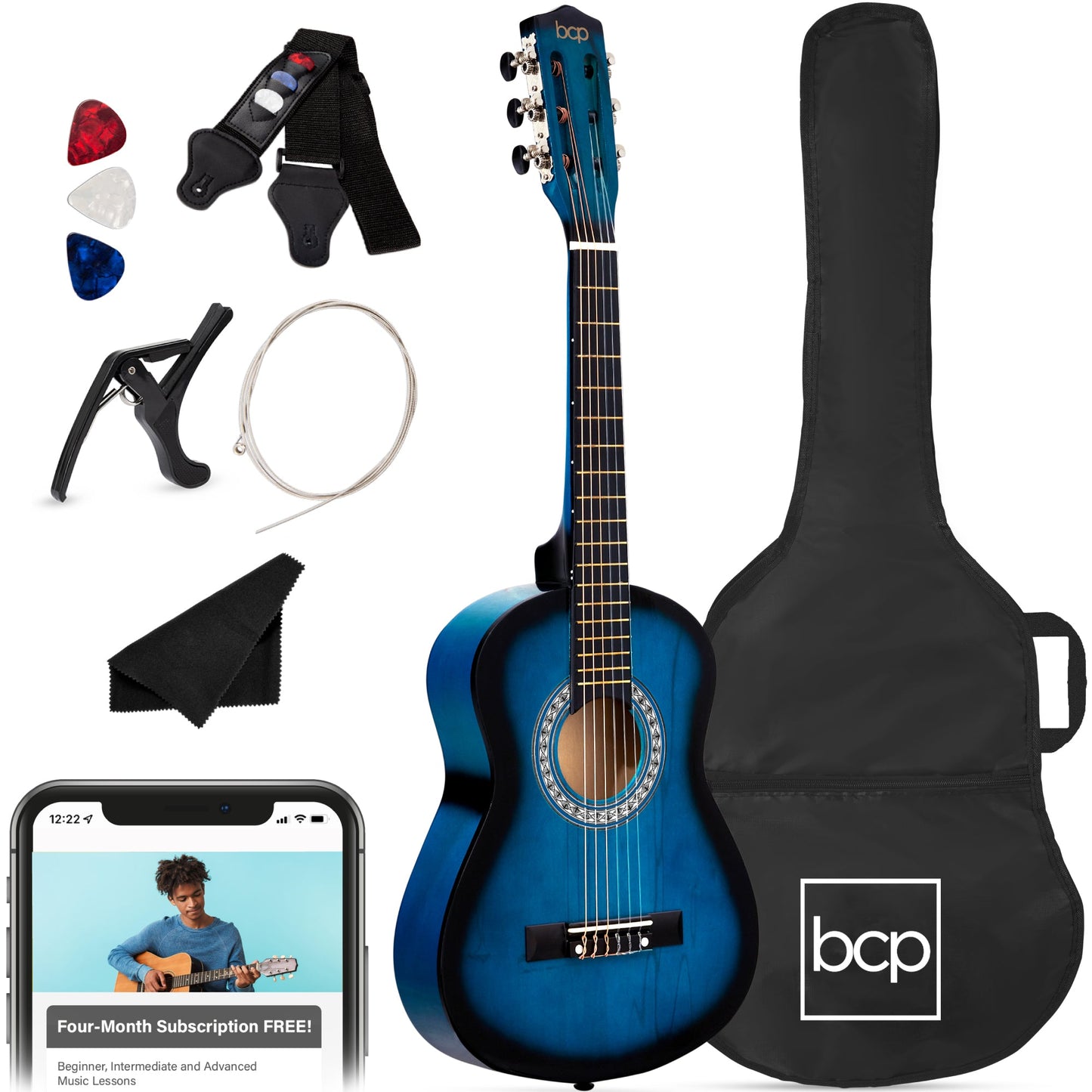 Beginner Acoustic Guitar Set w/ Case, Strap, Extra Strings - 38in