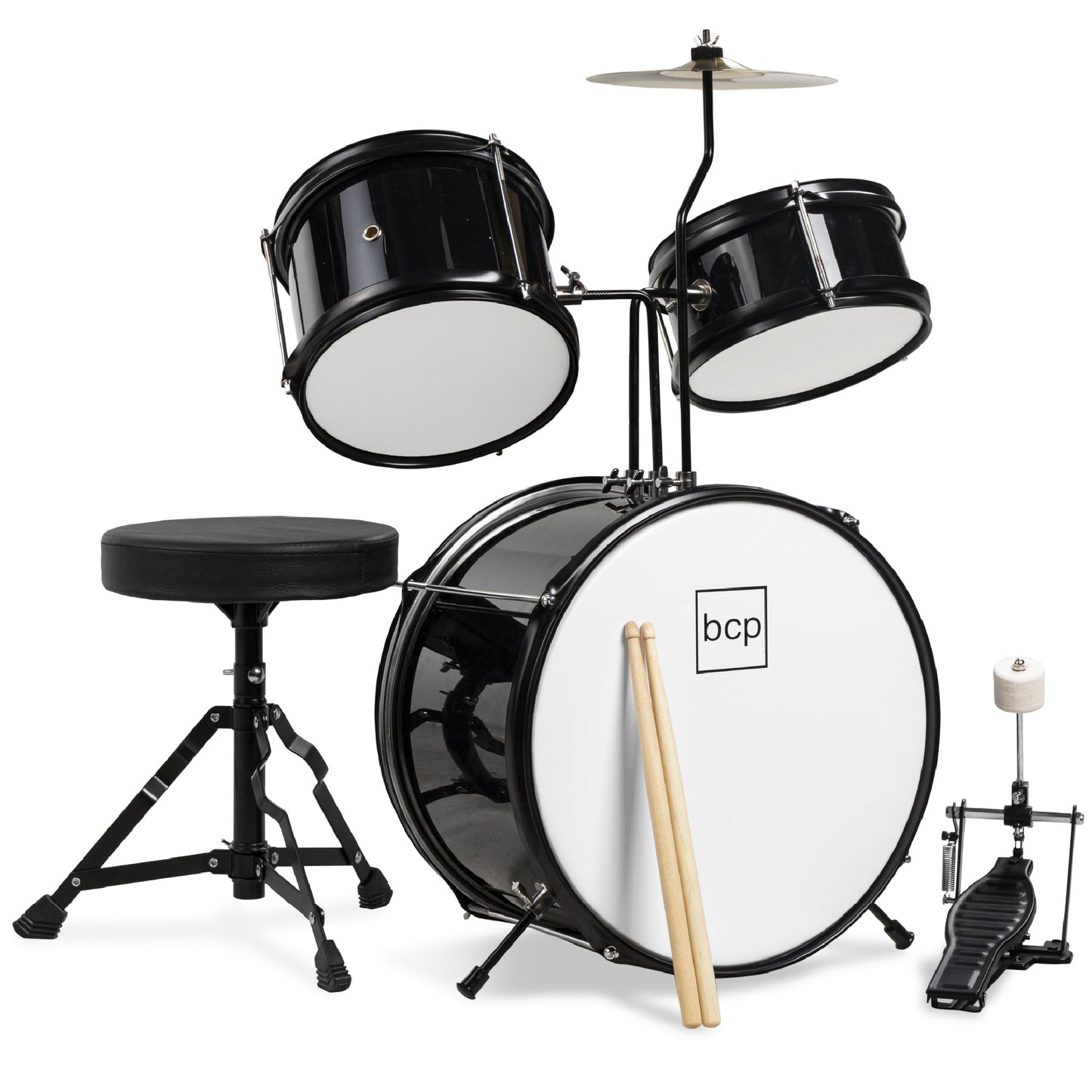 Kids Beginner 3-Piece Drum, Musical Instrument Set w/ Sticks, Stool, Pedal