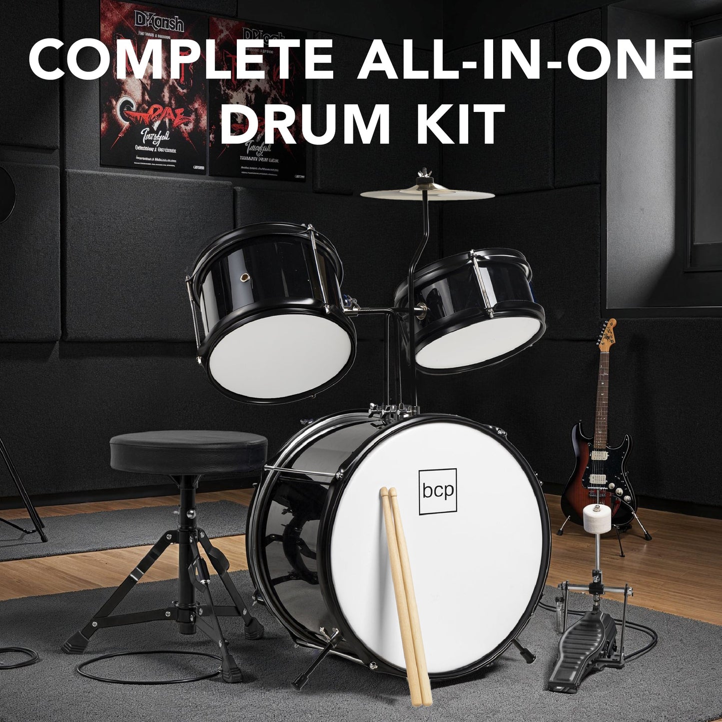 Kids Beginner 3-Piece Drum, Musical Instrument Set w/ Sticks, Stool, Pedal