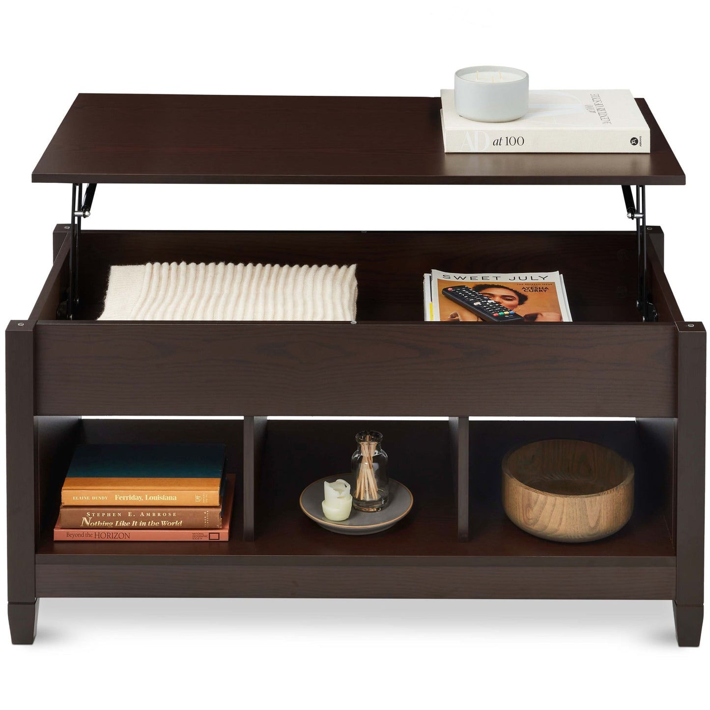 Multifunctional Lift Top Coffee Table w/ Hidden Storage, 3 Cubbies