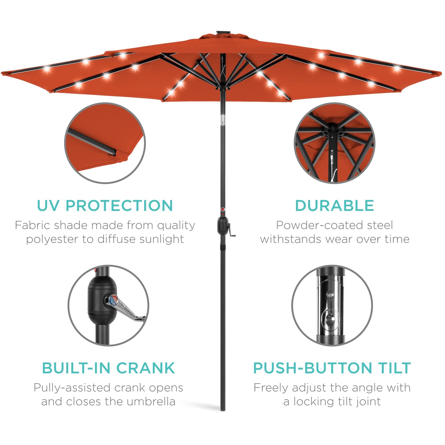 Solar LED Lighted Patio Umbrella w/ Tilt Adjustment, UV-Resistant - 10ft