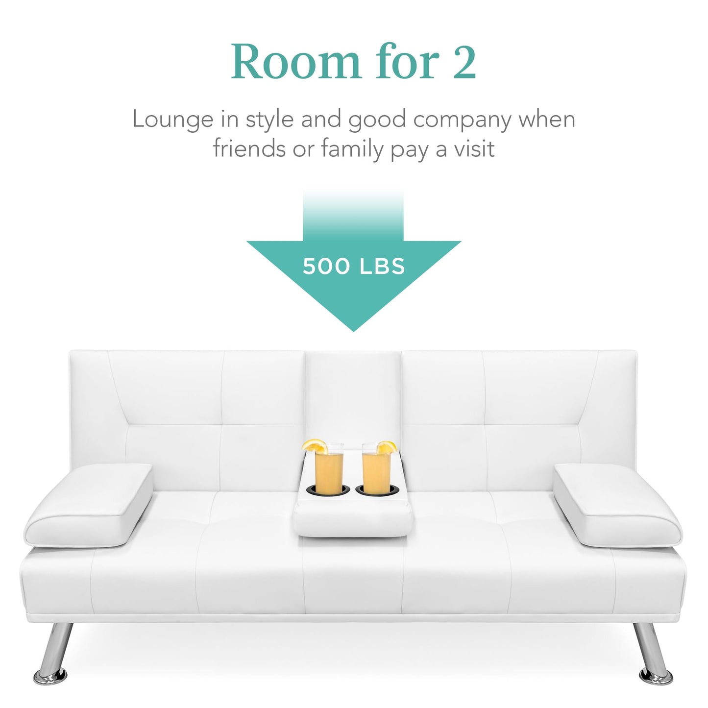 Faux Leather Upholstered Convertible Sofa Bed Futon w/ 2 Cupholders