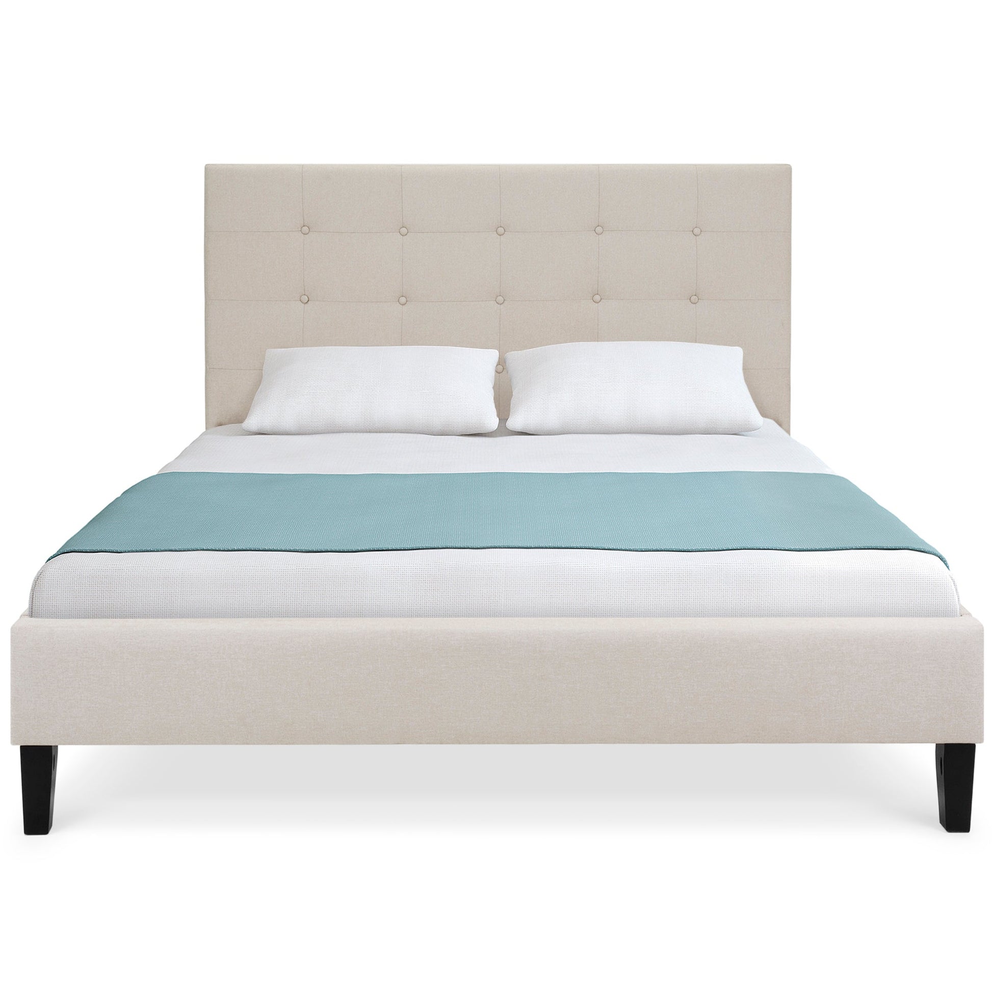 Upholstered Twin Platform Bed w/ Tufted Headboard, Wood Slats