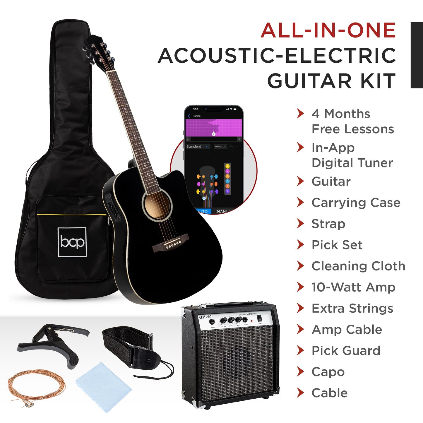 Beginner Acoustic Electric Cutaway Guitar Set w/ Gig Bag, Strap - 41in
