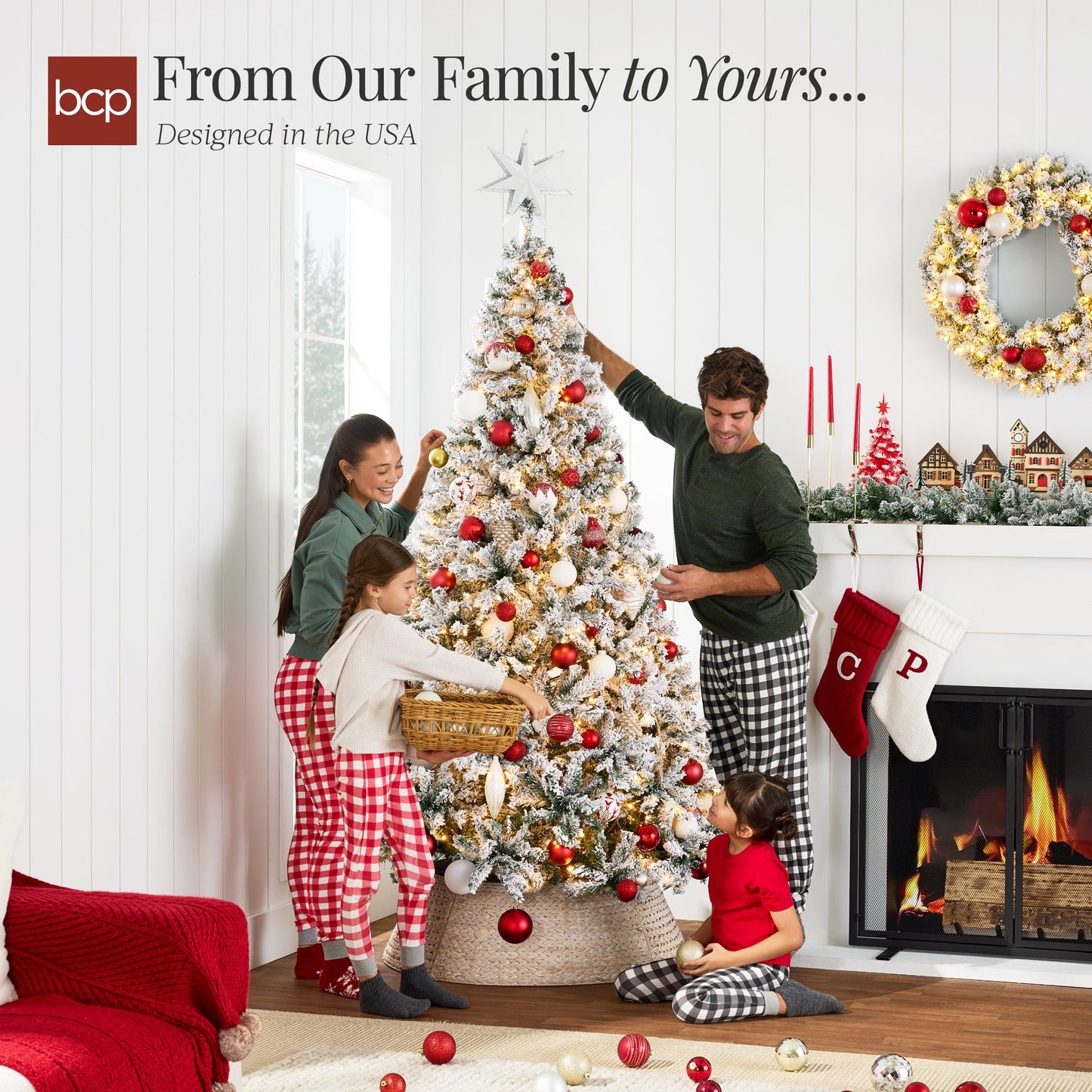 Pre-Lit Snow Flocked Artificial Pine Christmas Tree w/ Warm White Lights