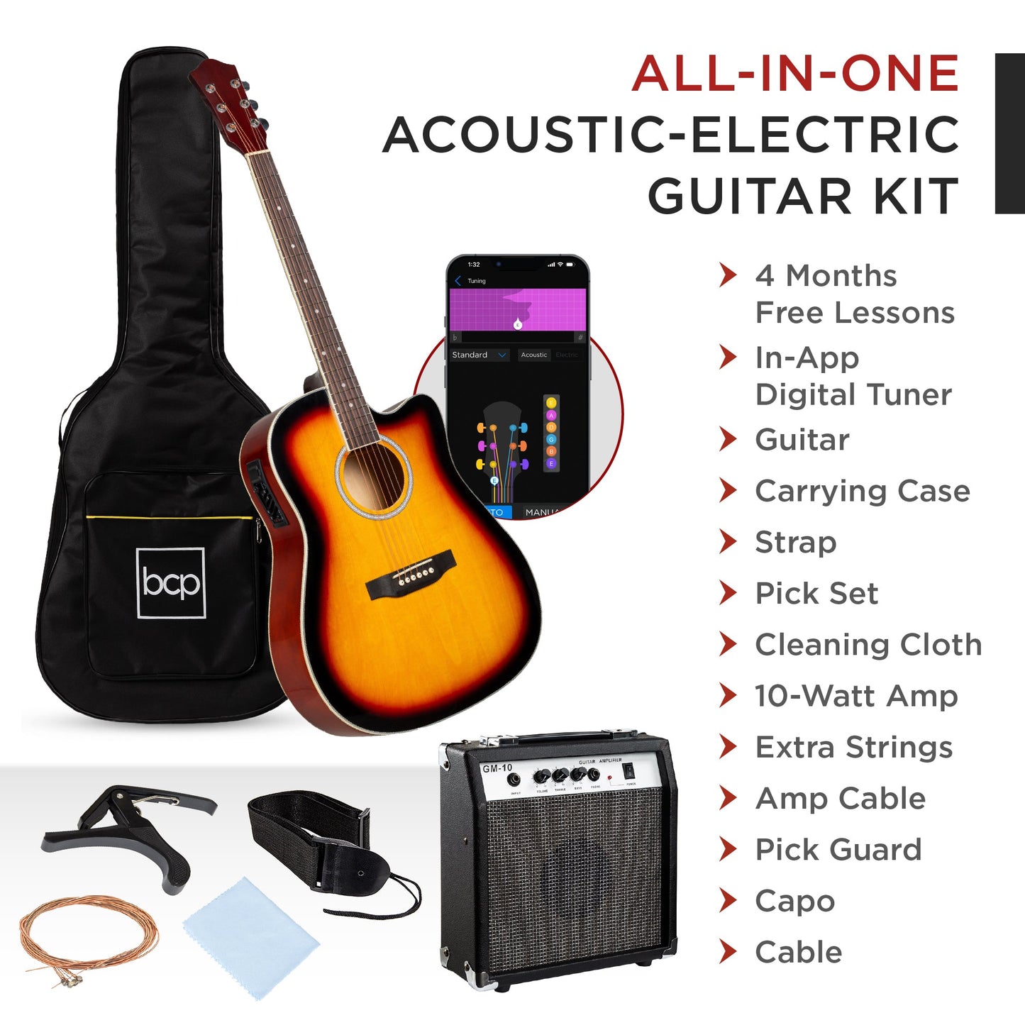 Beginner Acoustic Electric Cutaway Guitar Set w/ Gig Bag, Strap - 41in