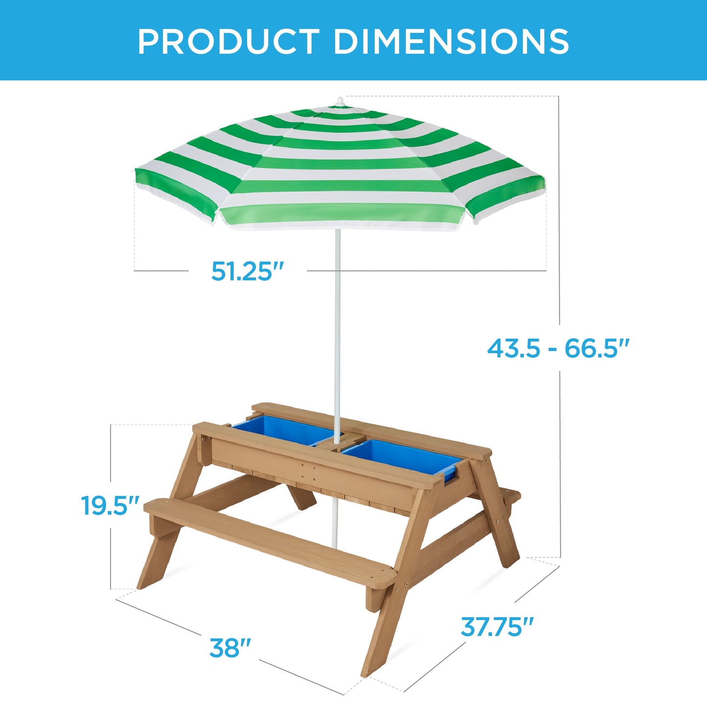3-in-1 Kids Sand & Water Table Outdoor Wood Picnic Table w/ Umbrella