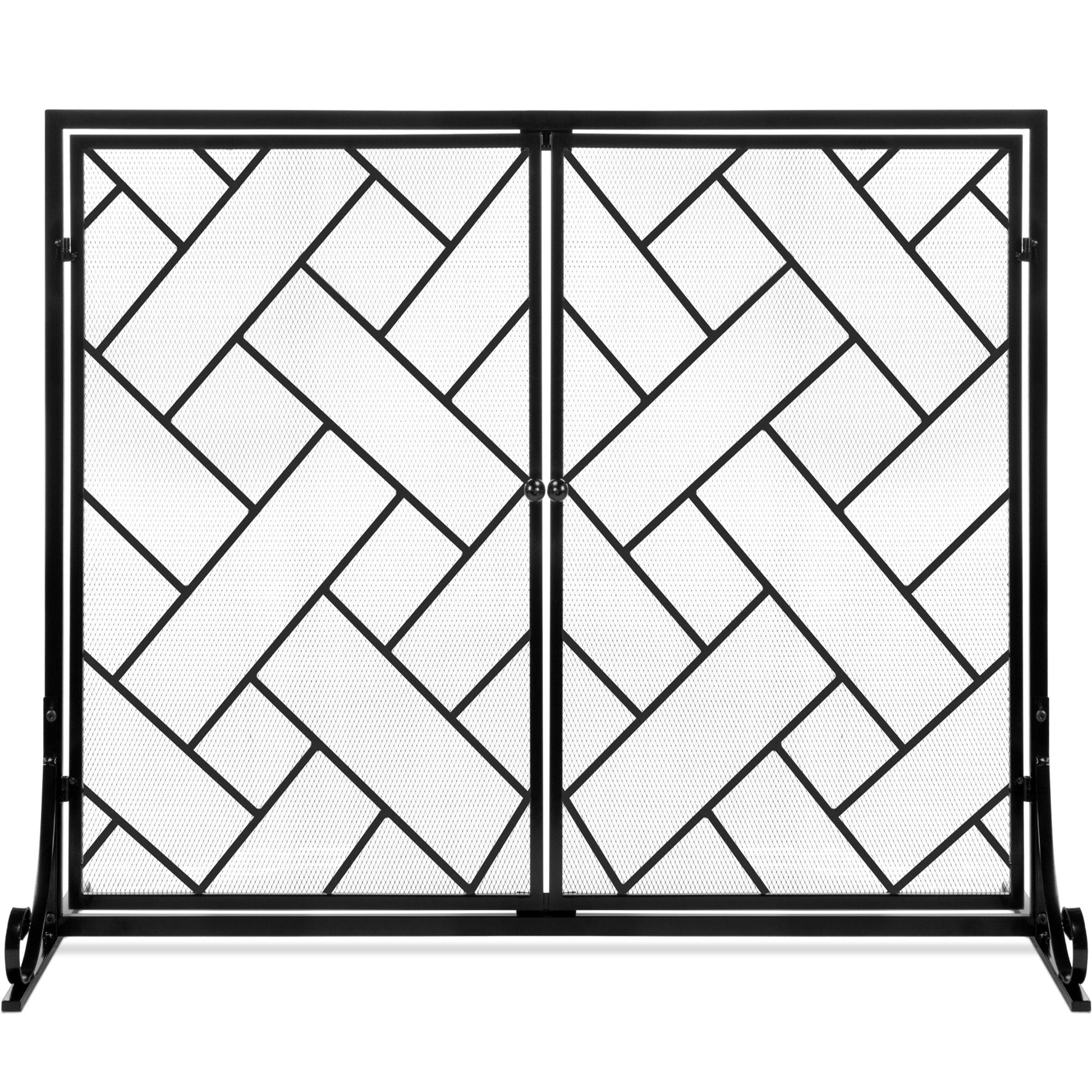 2-Panel Wrought Iron Geometric Fireplace Screen w/ Magnetic Doors - 44x33in