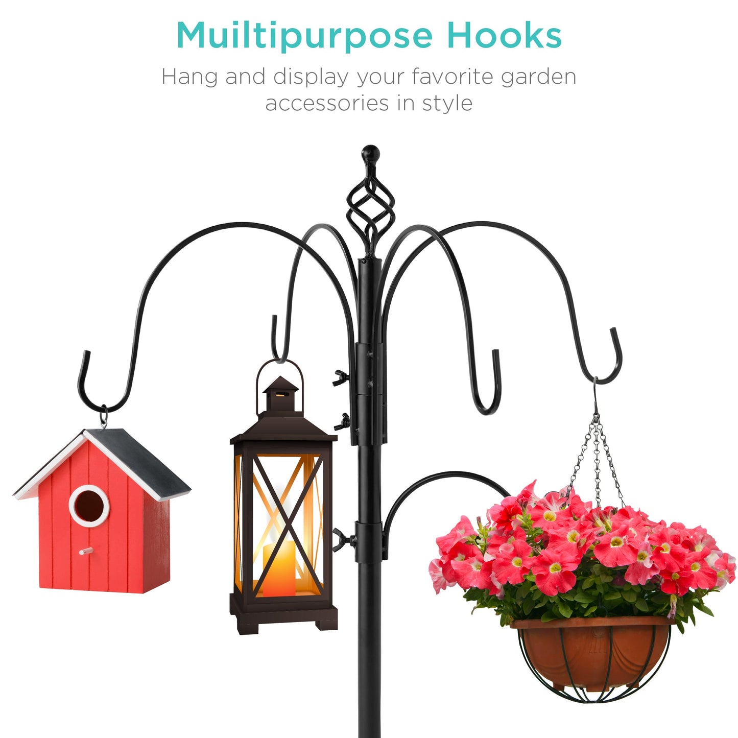 Bird Feeding Station, 6-Hook Steel Multi-Feeder Stand w/ 4 Feeders - 89in